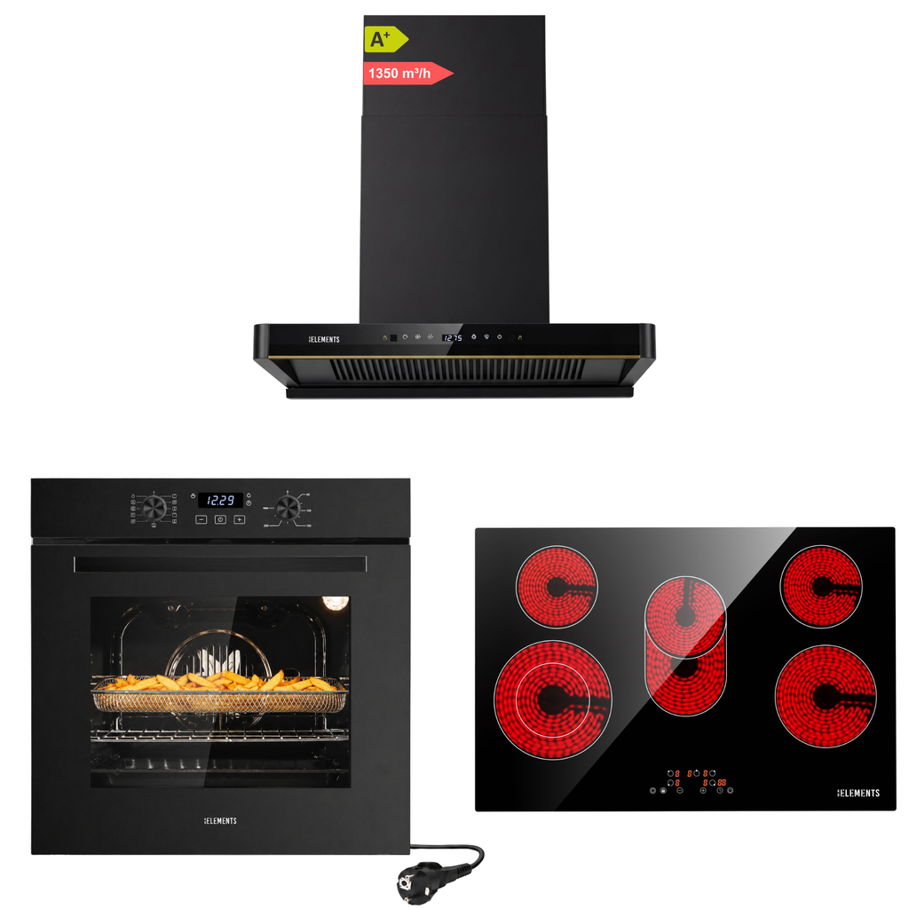 KB ELEMENTS Herdset 3-teilig ELK75EV1P ELK77CR1 ELK151H80 – Backofen 60 cm Glaskeramikkochfeld 77 cm Kopffreihaube 80 cm Schwarz
