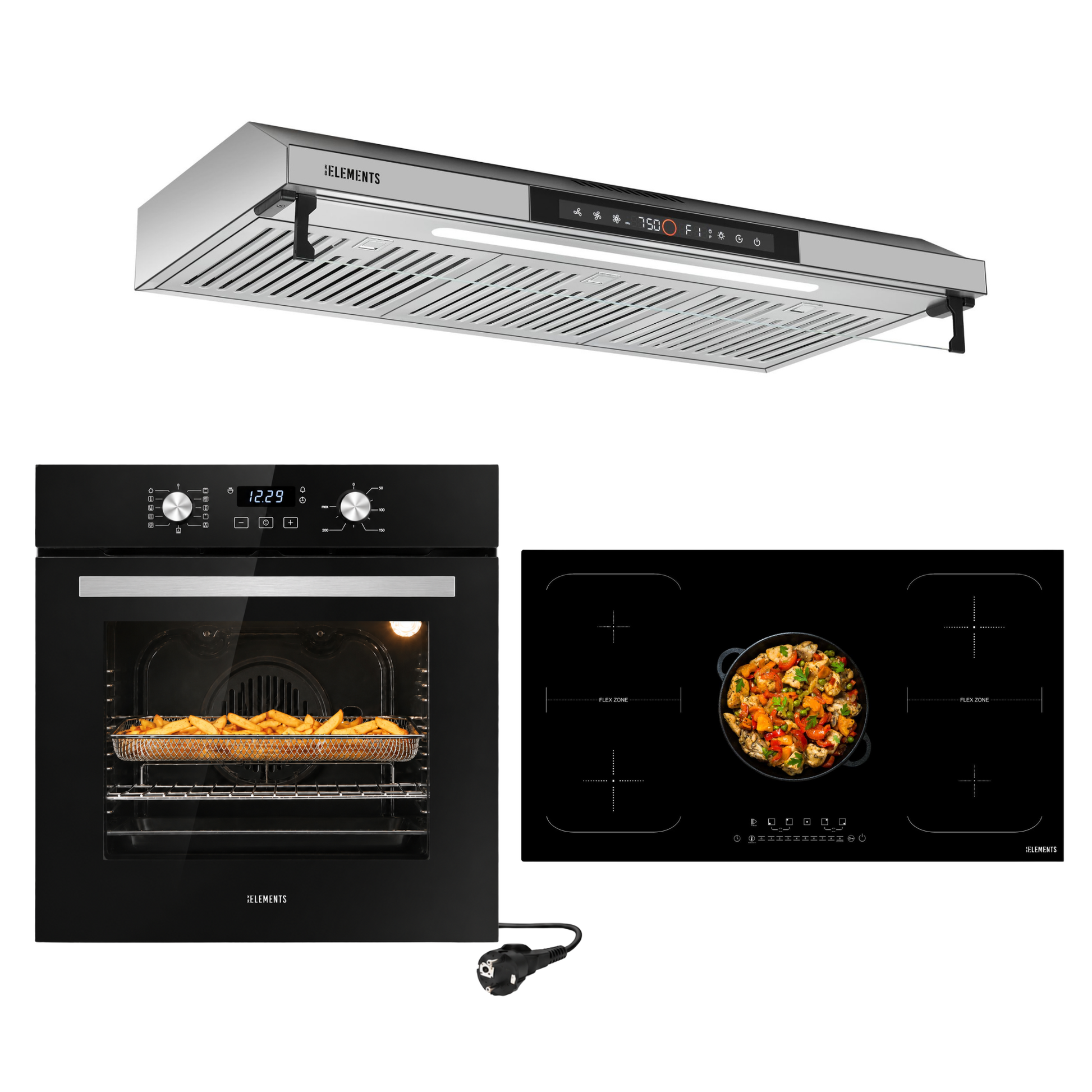 KB ELEMENTS Herdset 3-teilig ELK75EV2P ELK106PF ELK156S90S – Backofen Induktionskochfeld 90cm Dunstabzugshaube 90cm Schwarz Silber