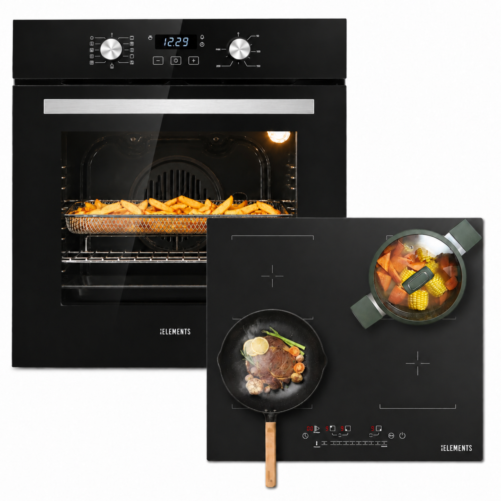 KB ELEMENTS Herdset 2-teilig ELK75EV2P ELK111AS – Einbaubackofen 60 cm Induktionskochfeld AntiScratch Schwarz Silber