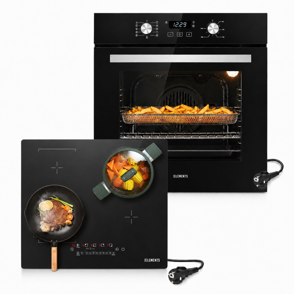 KB ELEMENTS Herdset 2-teilig ELK75EV2P ELK112AS – Einbaubackofen 60 cm Induktionskochfeld AntiScratch Schuko Schwarz Silber