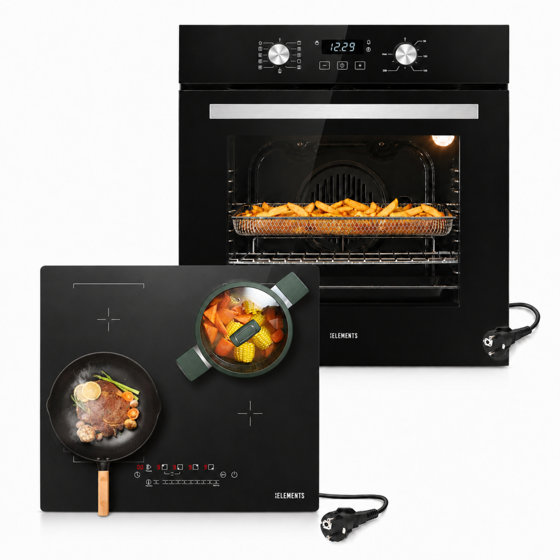 KB ELEMENTS Herdset 2-teilig ELK75EV2P ELK112AS – Einbaubackofen 60 cm Induktionskochfeld AntiScratch Schuko Schwarz Silber