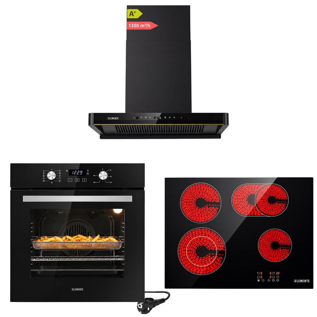 KB ELEMENTS Herdset 3-teilig ELK75EV2P ELK60CR1 ELK150H60 – Backofen Glaskeramikkochfeld Kopffreihaube Schwarz Silber