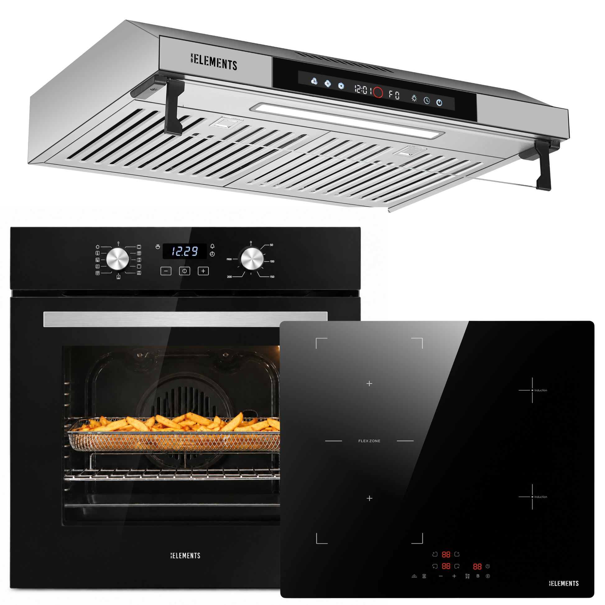 KB ELEMENTS Herdset 3-teilig ELK75EV2P ELK60FB1 ELK156S60S – Backofen Induktionskochfeld Dunstabzugshaube Schwarz Silber