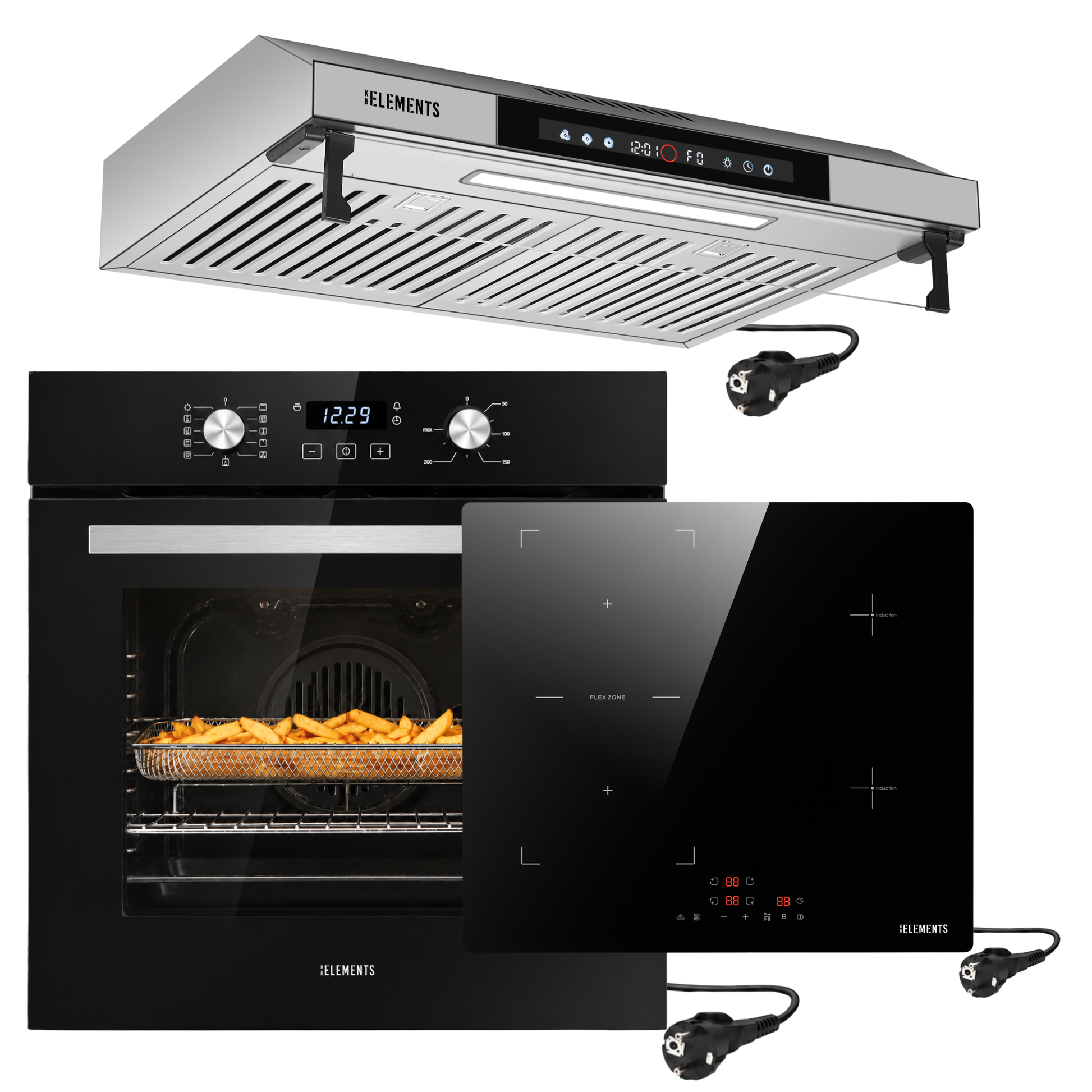 KB ELEMENTS Herdset 3-teilig ELK75EV2P ELK60PB1 ELK156S60S – Backofen Induktionskochfeld Schuko Dunstabzugshaube Schwarz Silber