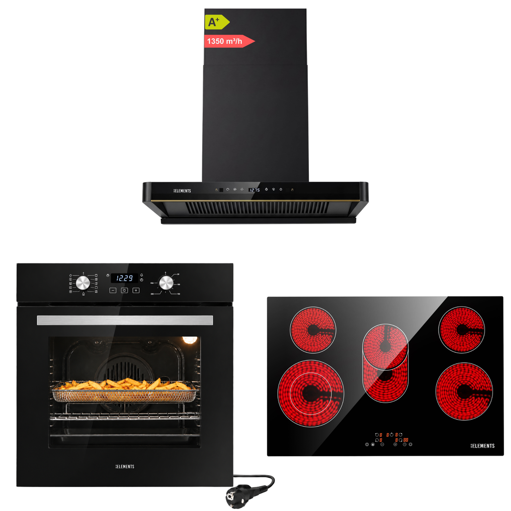 KB ELEMENTS Herdset 3-teilig ELK75EV2P ELK77CR1 ELK151H80 – Backofen Glaskeramikkochfeld 77cm Kopffreihaube 80cm Schwarz Silber