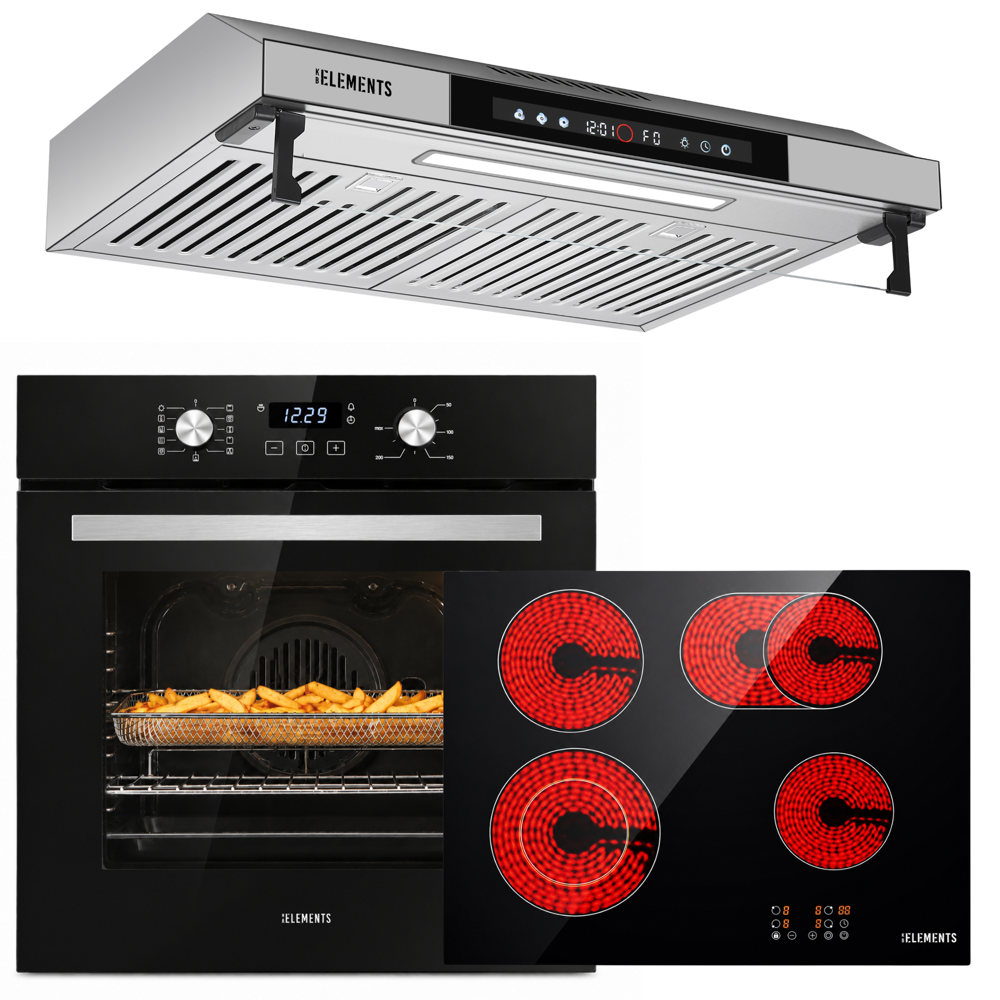 KB ELEMENTS Herdset 3-teilig ELK75EV2P ELK60CR1 ELK156S60S – Einbaubackofen Glaskeramikkochfeld Dunstabzugshaube Schwarz Silber