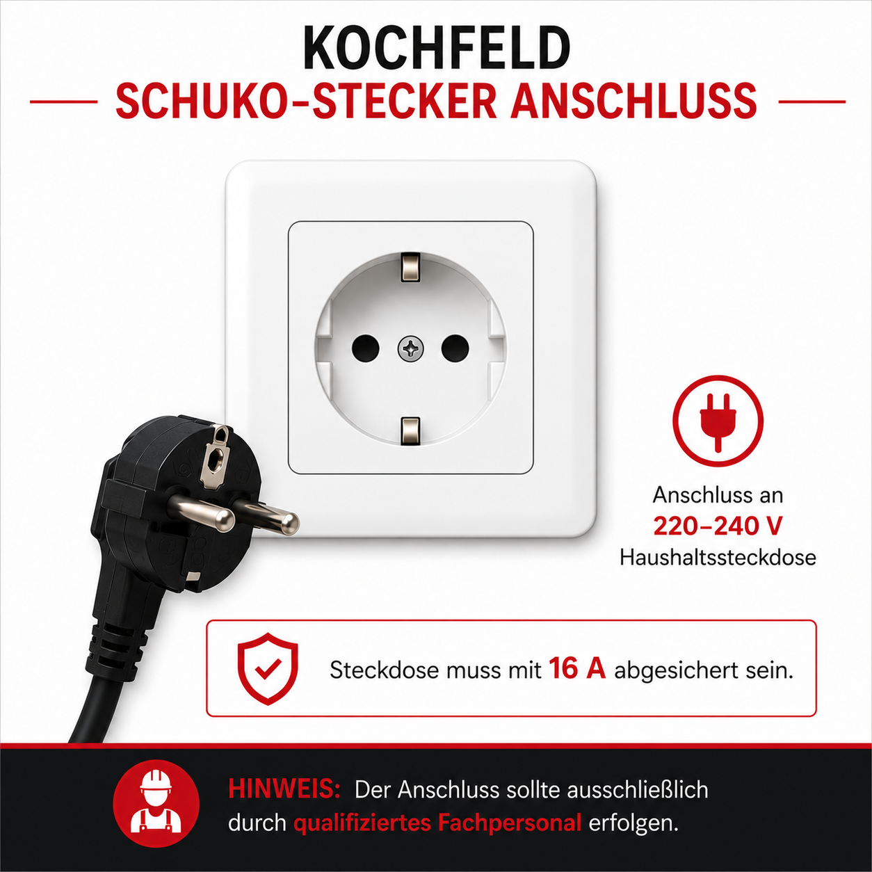 Schuko-Stecker 220V Anschluss Induktionskochfeld 60 cm – ohne Starkstrom KB ELEMENTS ELK112AS