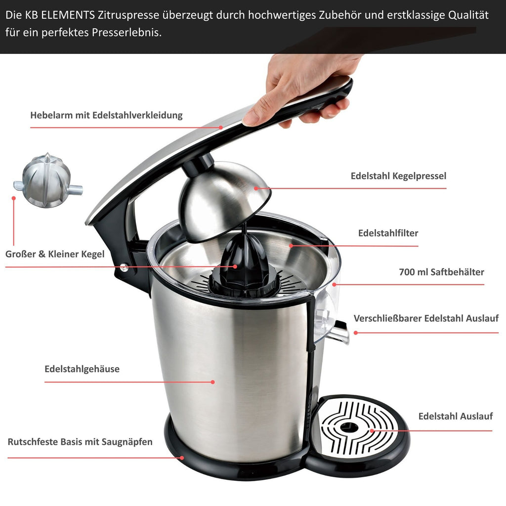 KB ELEMENTS elektrische Zitruspresse, 300 Watt Vollkupfer Motor, Edelstahl