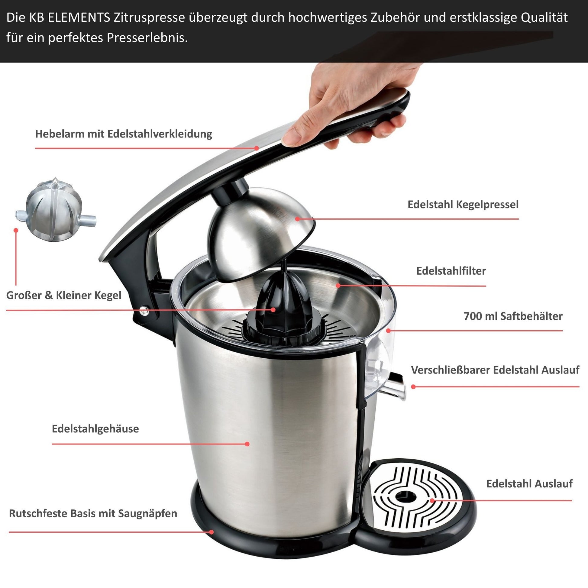 KB ELEMENTS elektrische Zitruspresse, 300 Watt Vollkupfer Motor, Edelstahl