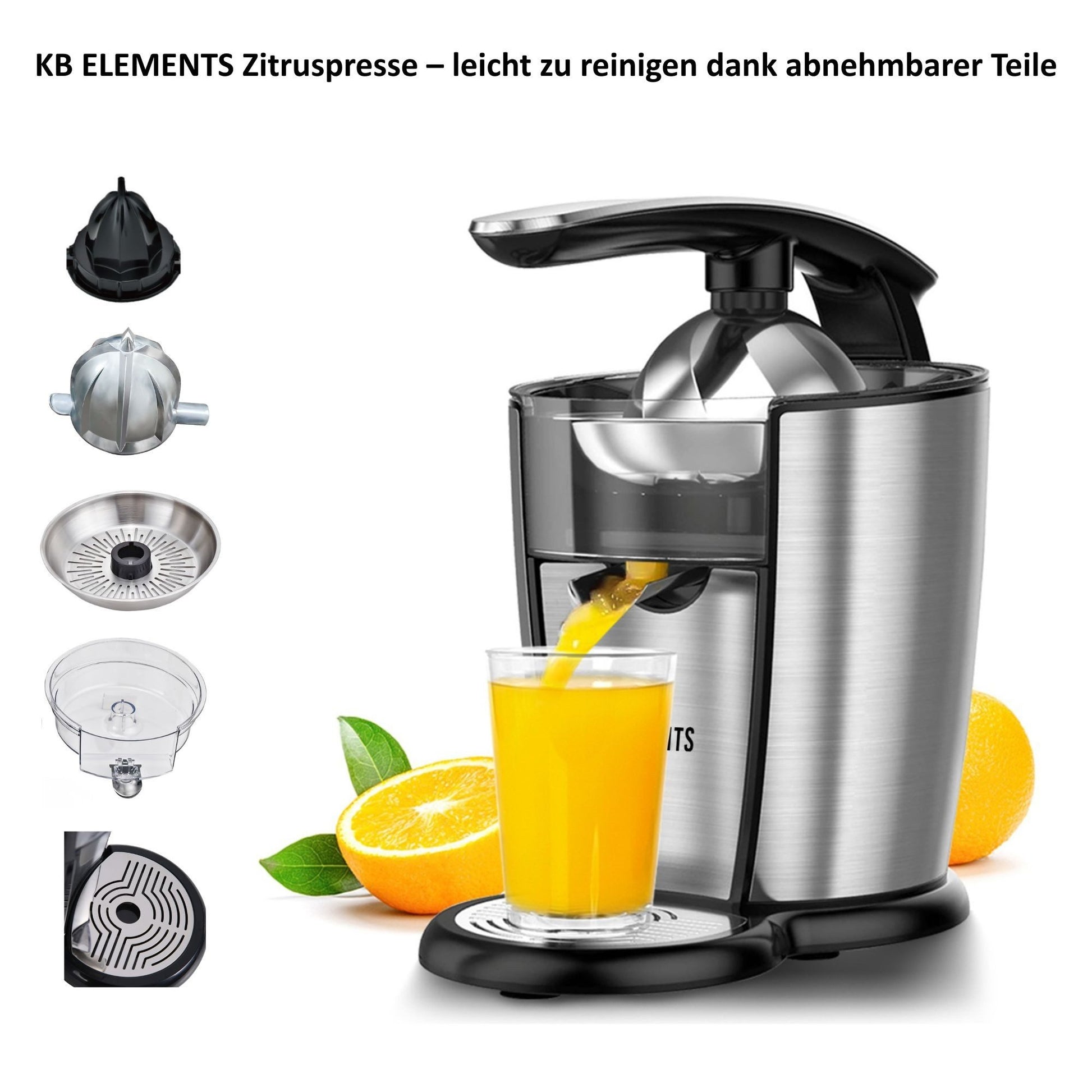KB ELEMENTS elektrische Zitruspresse, 300 Watt Vollkupfer Motor, Edelstahl