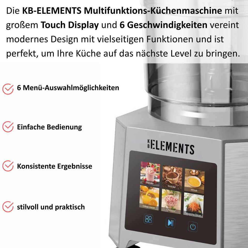 KB-ELEMENTS Multifunktionale Küchenmaschine 1000W Voll Kupfer Motor 3 Liter Behälter Touch Display 6 Geschwindigkeiten