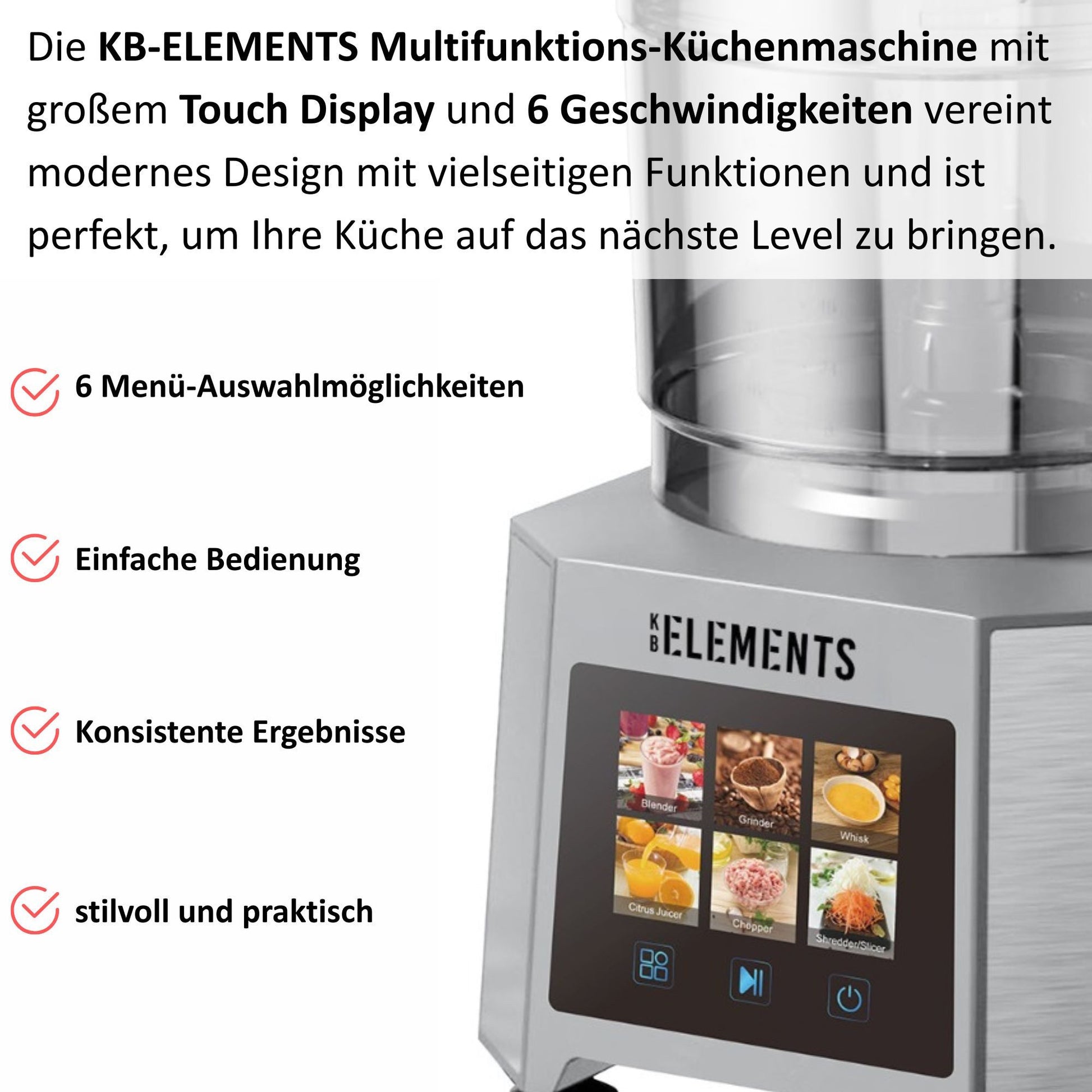 KB-ELEMENTS Multifunktionale Küchenmaschine 1000W Voll Kupfer Motor 3 Liter Behälter Touch Display 6 Geschwindigkeiten