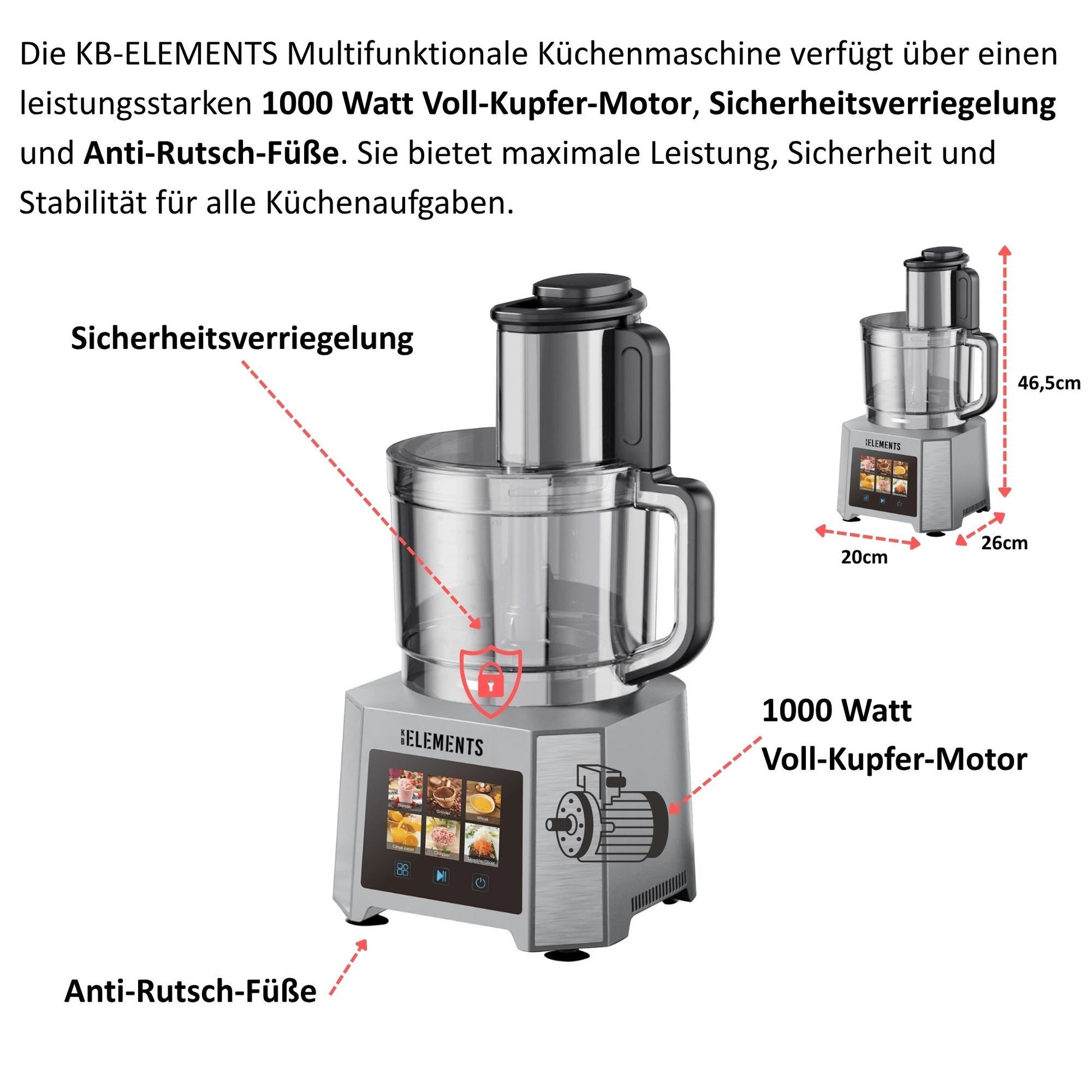KB-ELEMENTS Multifunktionale Küchenmaschine 1000W Voll Kupfer Motor 3 Liter Behälter Touch Display 6 Geschwindigkeiten