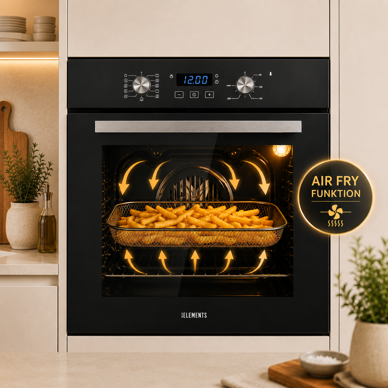 KB ELEMENTS Herdset 2-teilig – Einbaubackofen 60 cm + Glaskeramikkochfeld 77 cm | Air Fry, A+, Schwarz