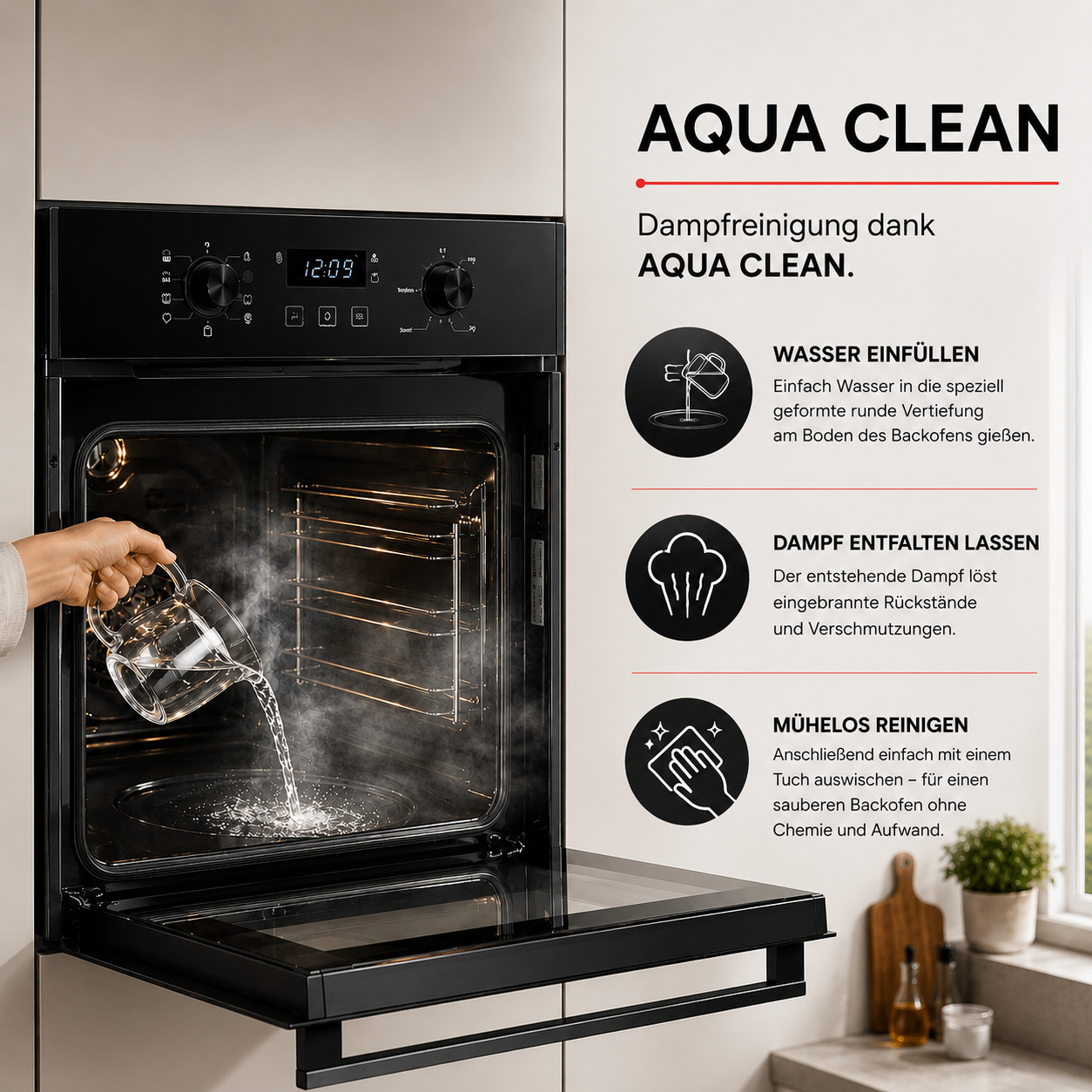 Aqua Clean Dampfreinigung Einbaubackofen ELK45EV1 KB ELEMENTS Herdset