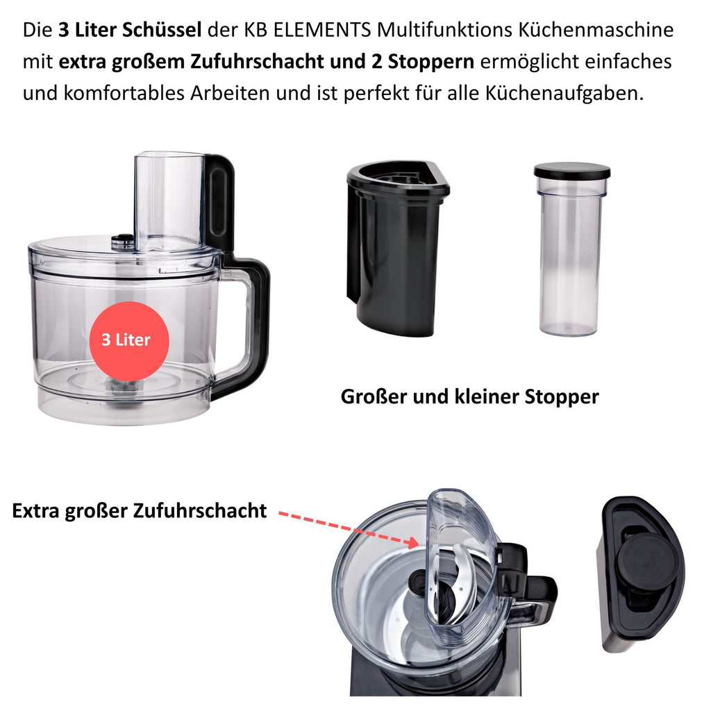 KB-ELEMENTS Multifunktionale Küchenmaschine 1000W Voll Kupfer Motor 3 Liter Behälter Touch Display 6 Geschwindigkeiten