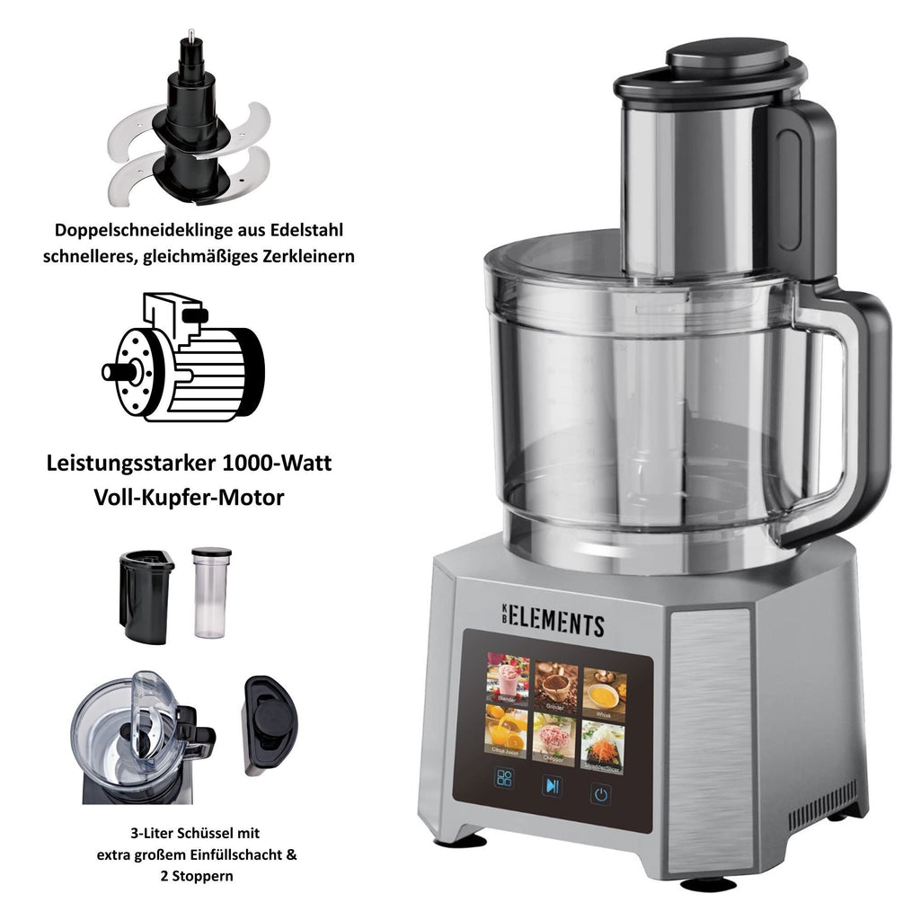 KB-ELEMENTS Multifunktionale Küchenmaschine 1000W Voll Kupfer Motor 3 Liter Behälter Touch Display 6 Geschwindigkeiten