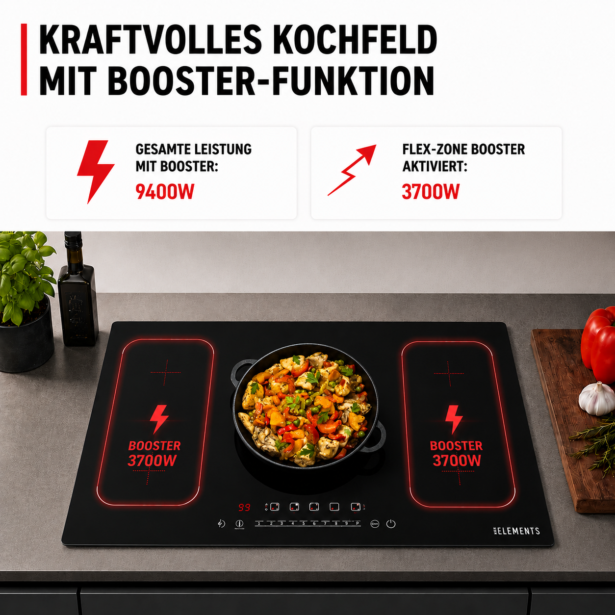 PowerBoost 9400 W Induktionskochfeld ELK106PF 90 cm – schnelleres Erhitzen KB ELEMENTS