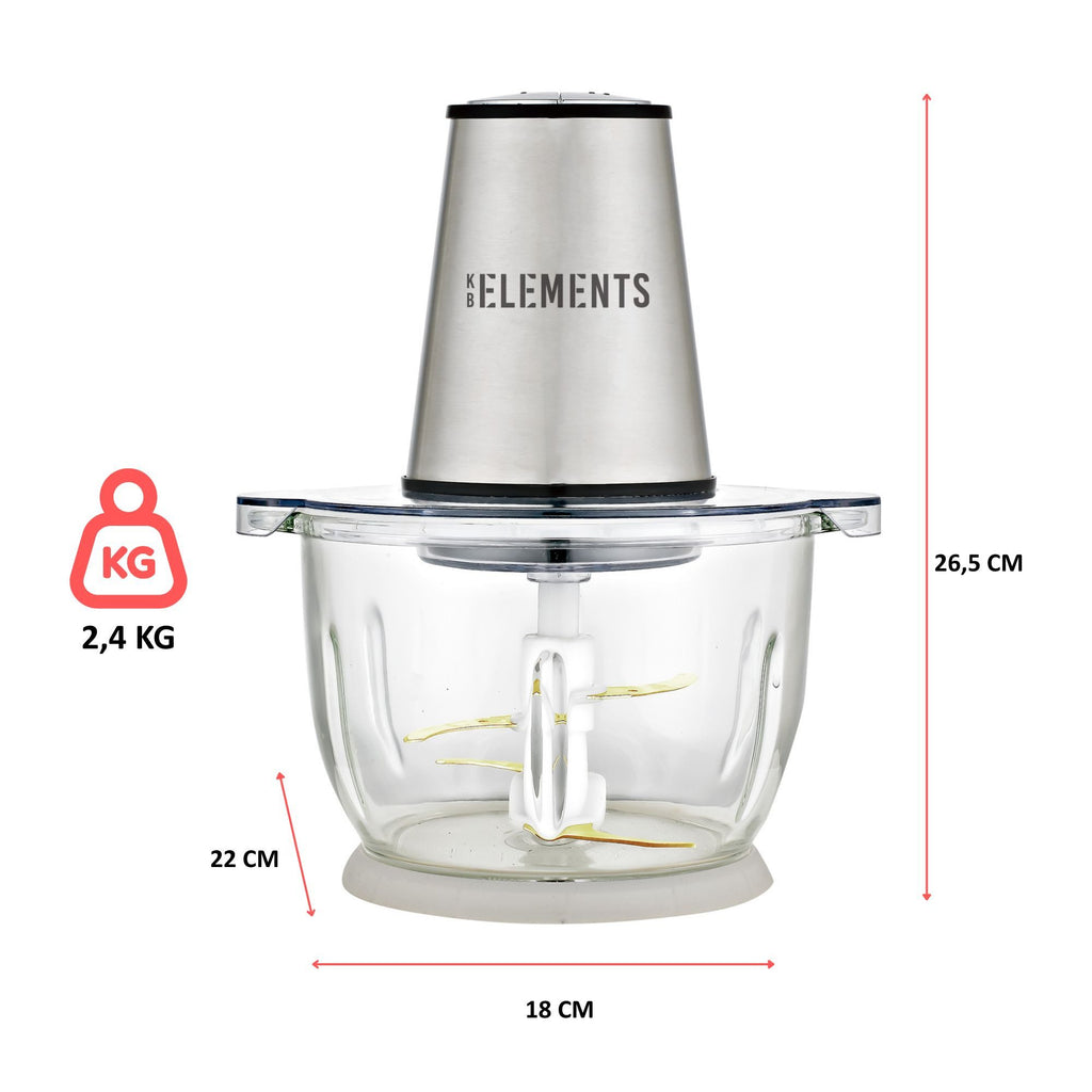 KB Elements Elektrische Zerkleinerer - 300 Watt Kupfer Motor, 2L Glaschüssel, Edelstahl