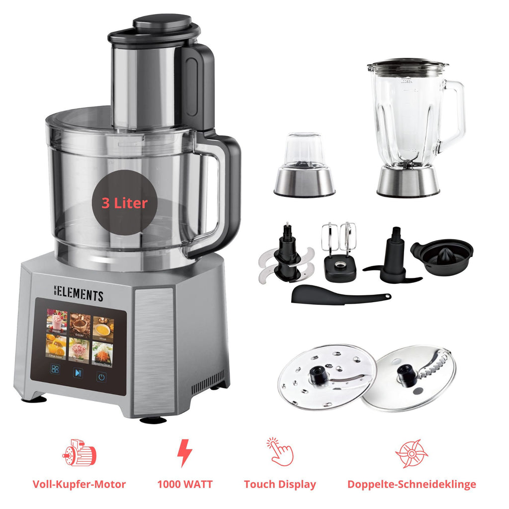 KB-ELEMENTS Multifunktionale Küchenmaschine 1000W Voll Kupfer Motor 3 Liter Behälter Touch Display 6 Geschwindigkeiten