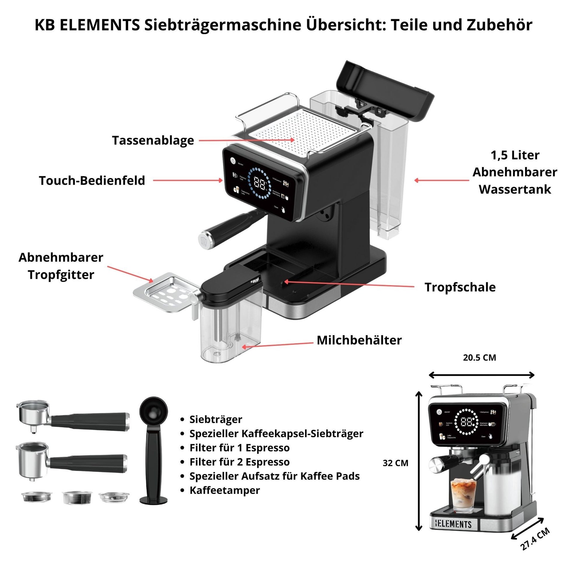 KB ELEMENTS ELK204CB Siebträgermaschine Schwarz Espressomaschine