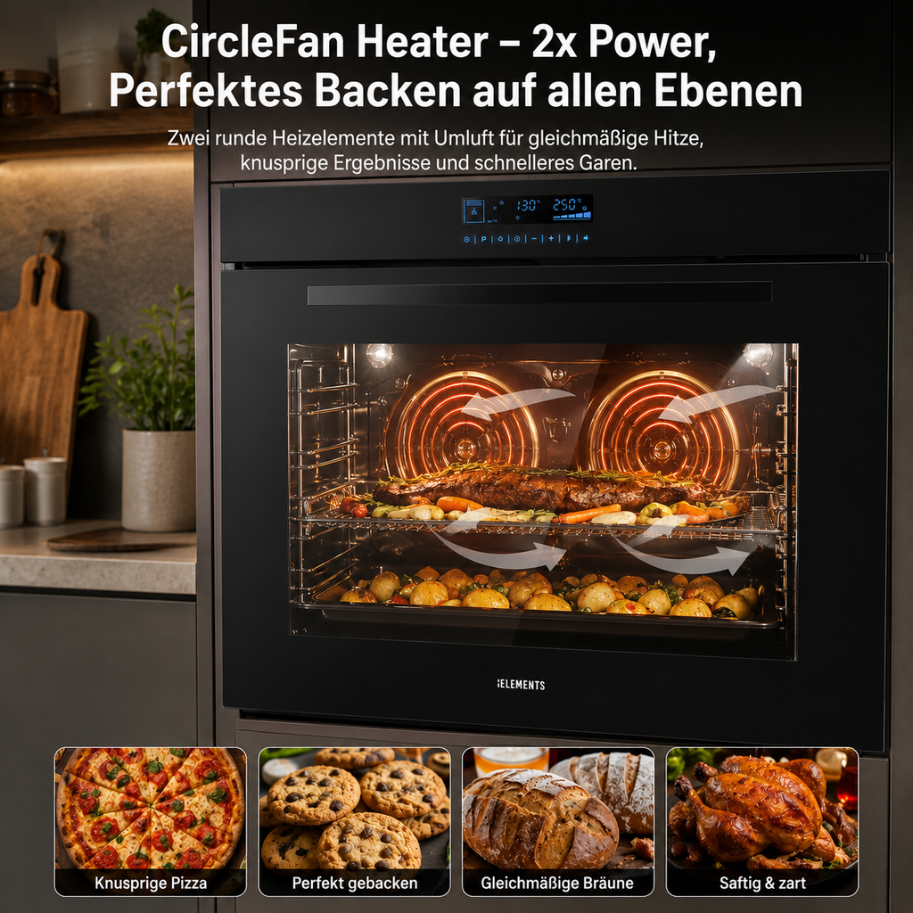 Circle Fan Heater Einbaubackofen 90 cm – Ringheizkörper gleichmäßige Wärmeverteilung KB ELEMENTS