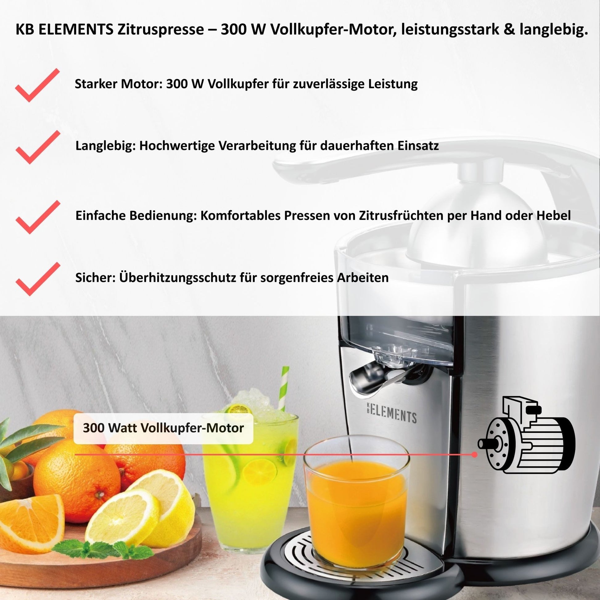 KB ELEMENTS elektrische Zitruspresse, 300 Watt Vollkupfer Motor, Edelstahl