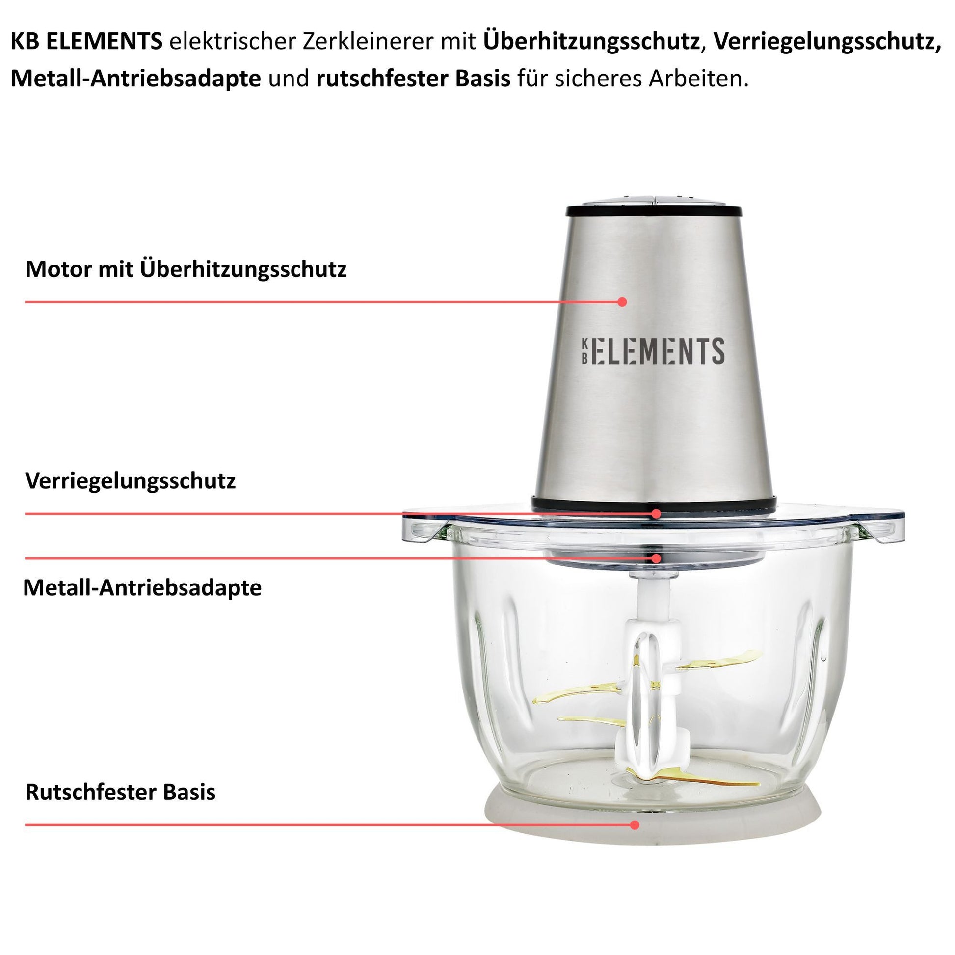 KB Elements Elektrische Zerkleinerer - 300 Watt Kupfer Motor, 2L Glaschüssel, Edelstahl