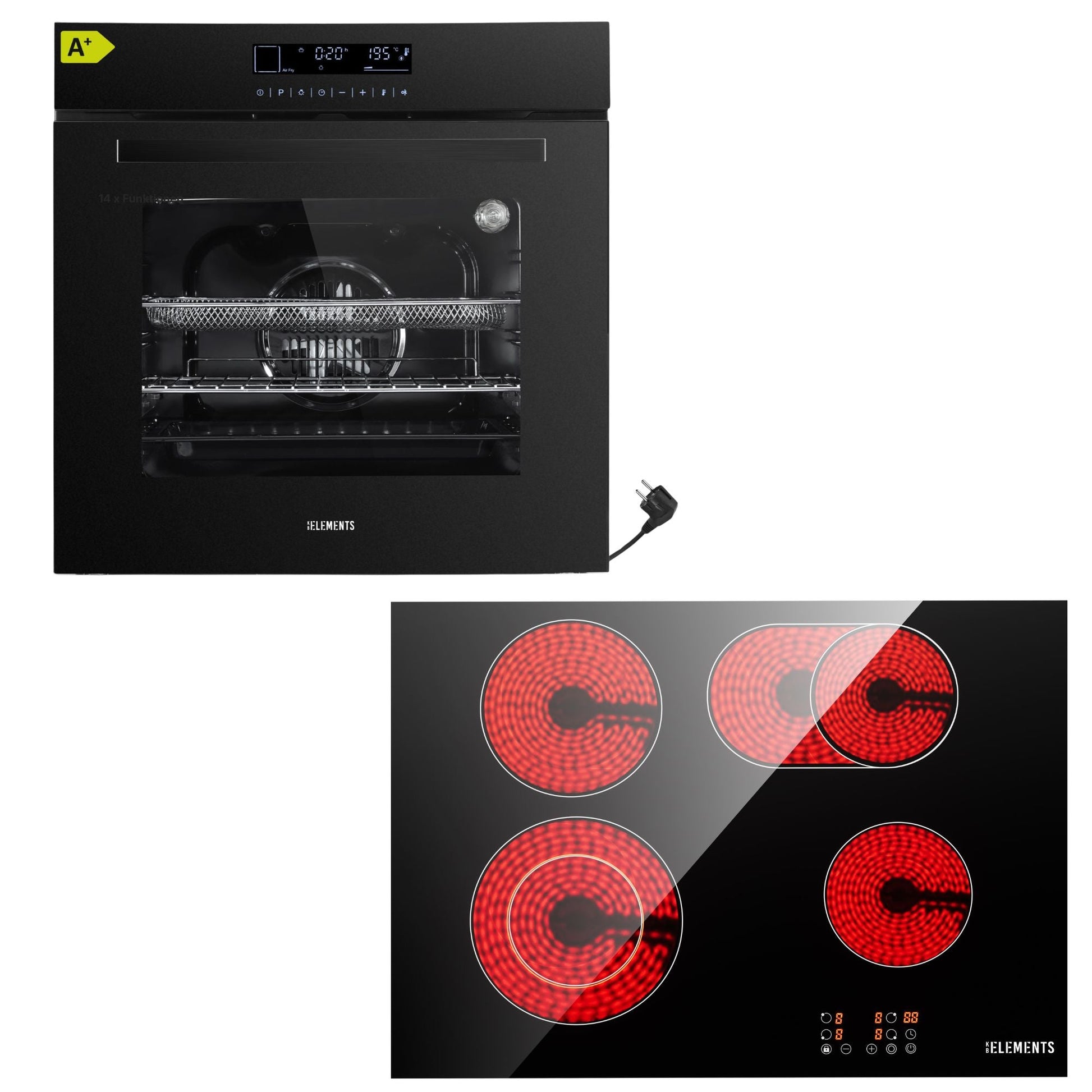 KB ELEMENTS Herdset 2-teilig ELK75DV1 ELK60CR1 Backofen Full Touch Display Glaskeramikkochfeld Schwarz KB ELEMENTS