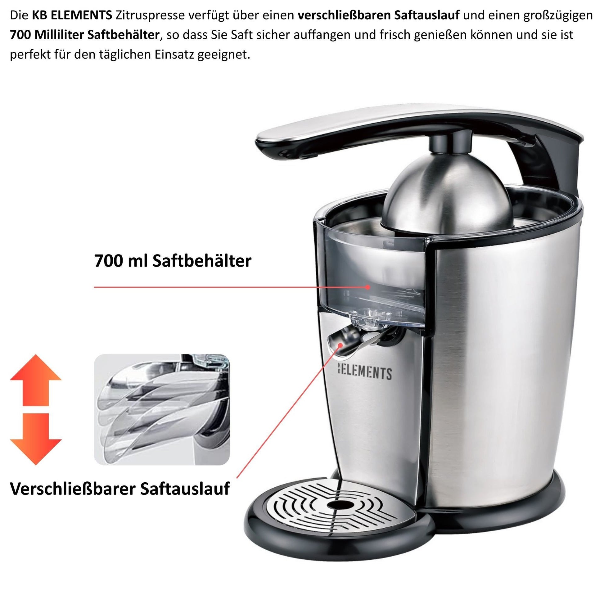 KB ELEMENTS elektrische Zitruspresse, 300 Watt Vollkupfer Motor, Edelstahl