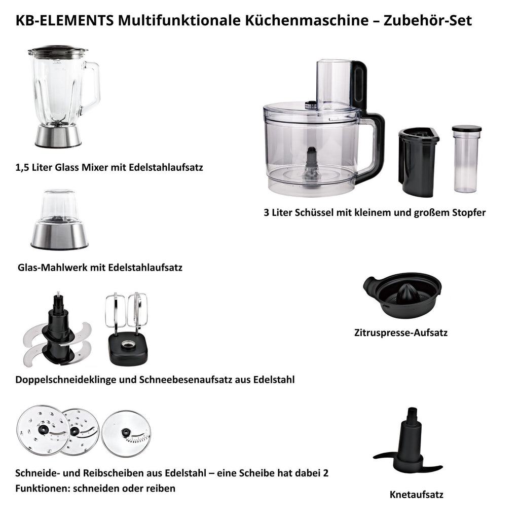KB-ELEMENTS Multifunktionale Küchenmaschine 1000W Voll Kupfer Motor 3 Liter Behälter Touch Display 6 Geschwindigkeiten