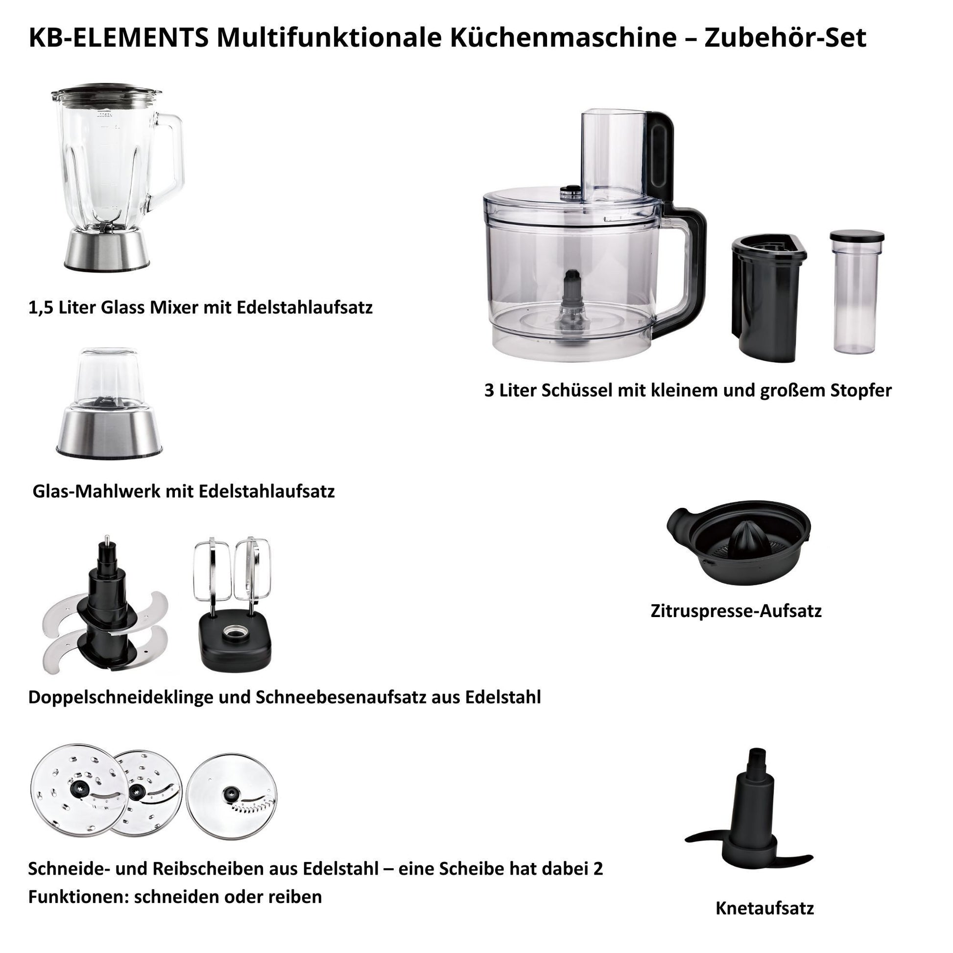 KB-ELEMENTS Multifunktionale Küchenmaschine 1000W Voll Kupfer Motor 3 Liter Behälter Touch Display 6 Geschwindigkeiten