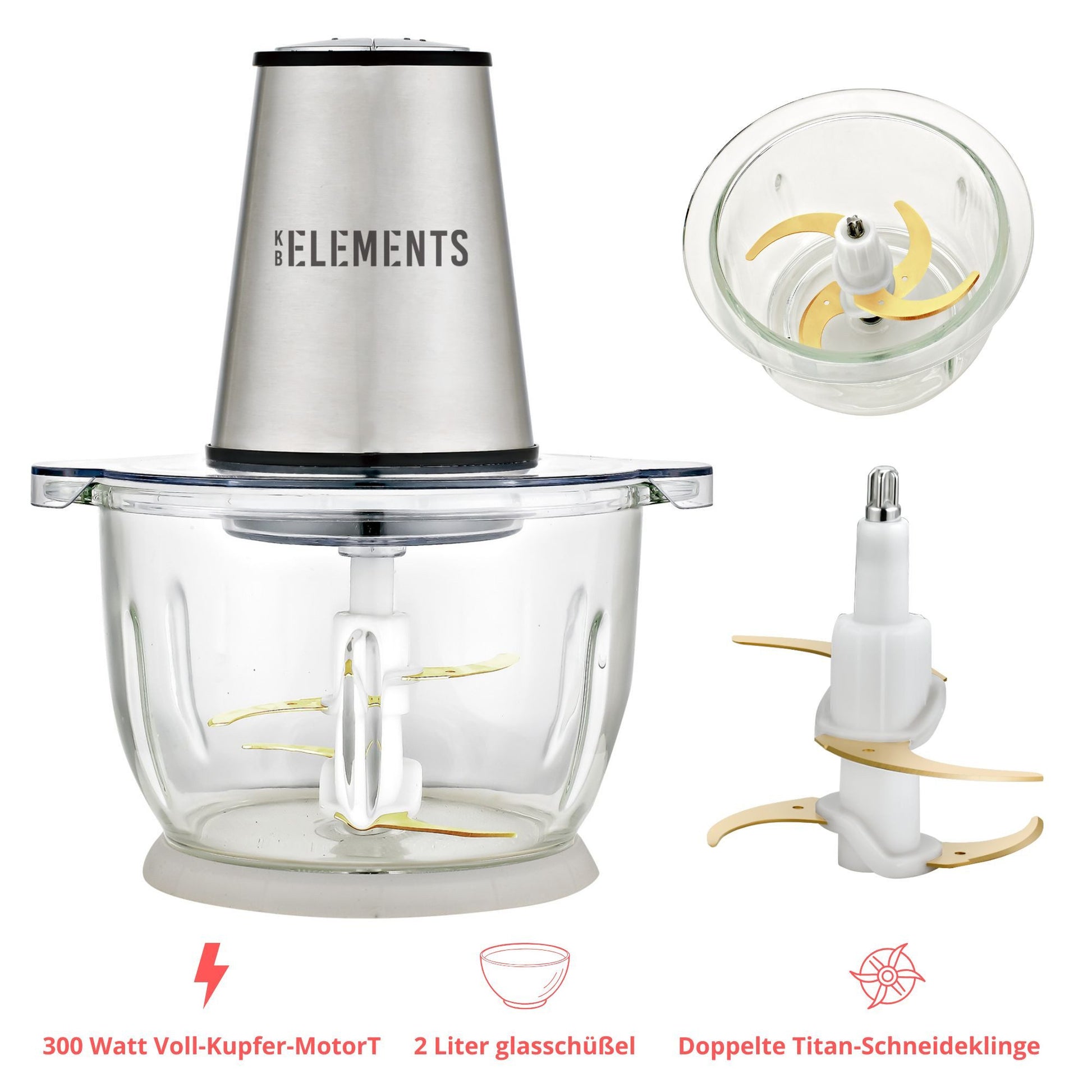KB Elements Elektrische Zerkleinerer - 300 Watt Kupfer Motor, 2L Glaschüssel, Edelstahl