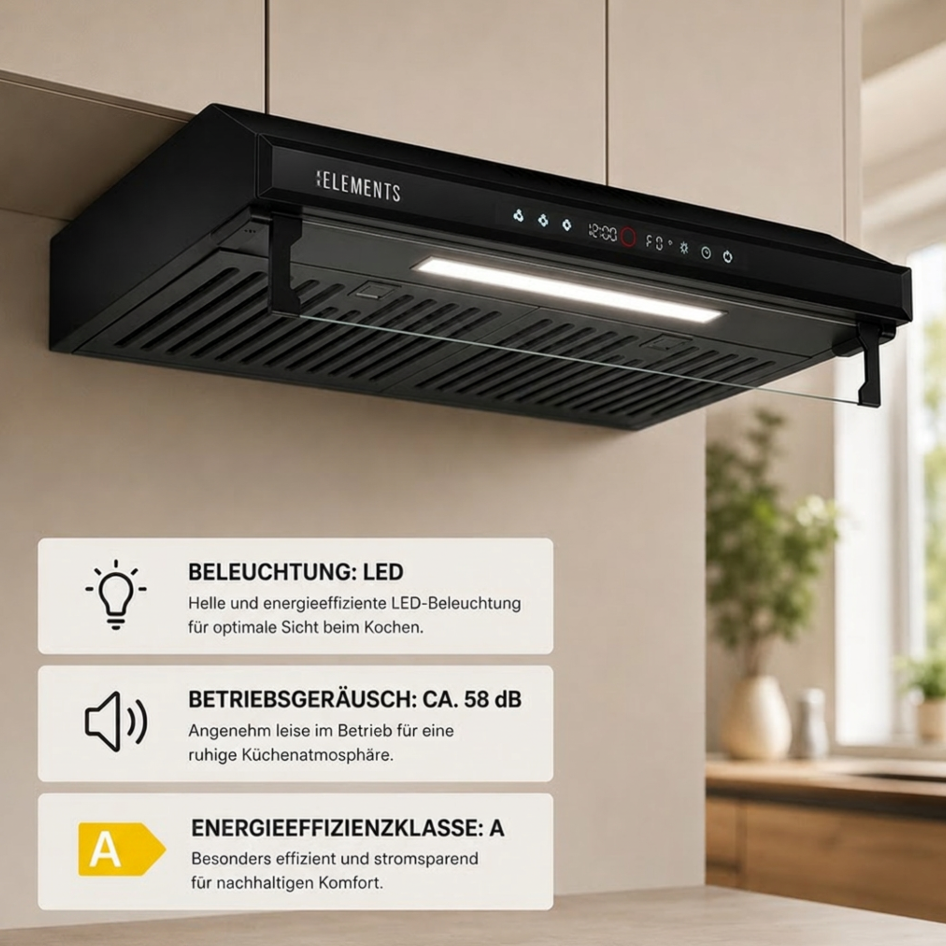 KB ELEMENTS Dunstabzugshaube 60 cm – 650 m³/h, Touch- & Gestensteuerung, Abluft & Umluft