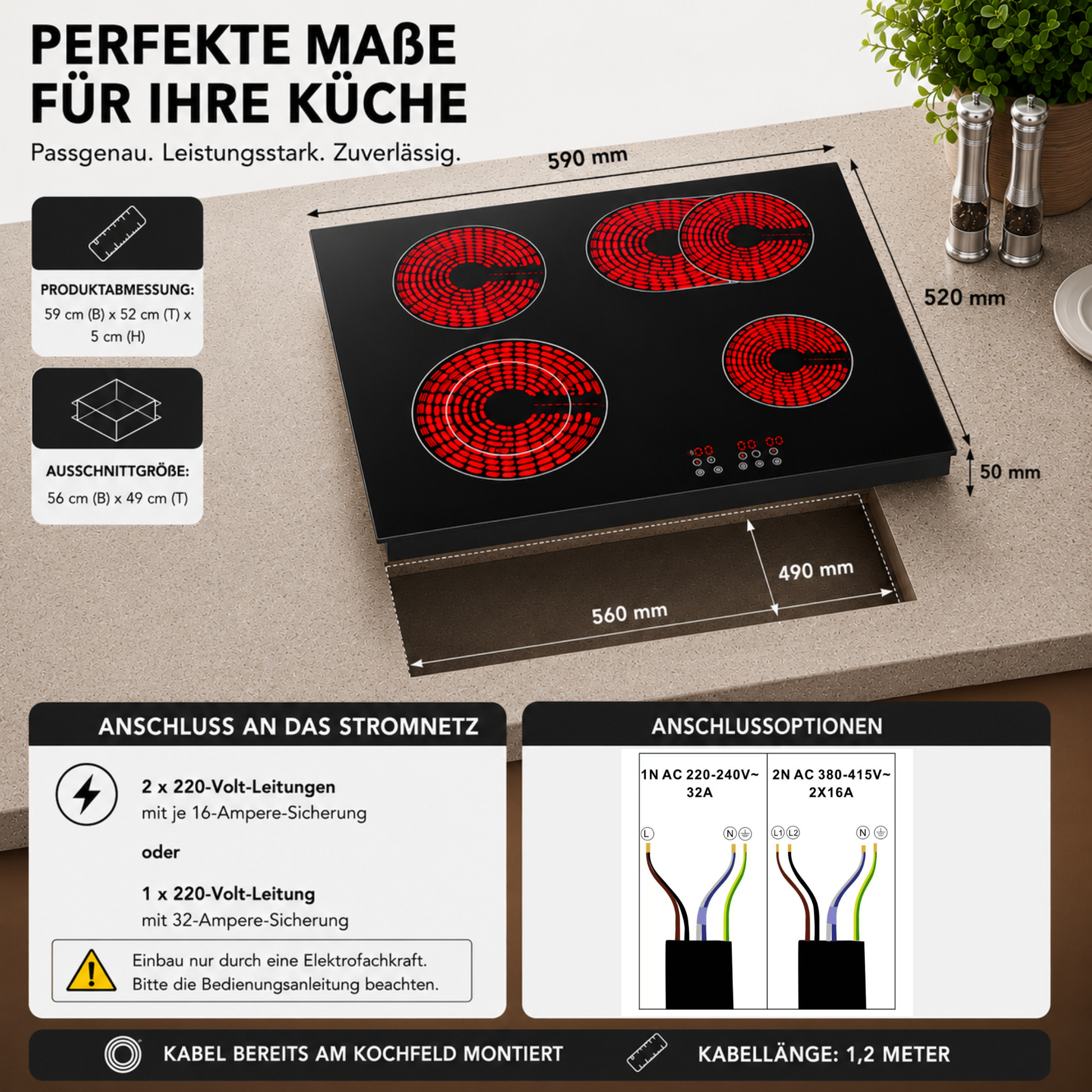 KB ELEMENTS Herdset 2-teilig – Einbaubackofen 60 cm A+ & Glaskeramikkochfeld 77 cm | 5 Zonen, Dual-Zone, Schwarz