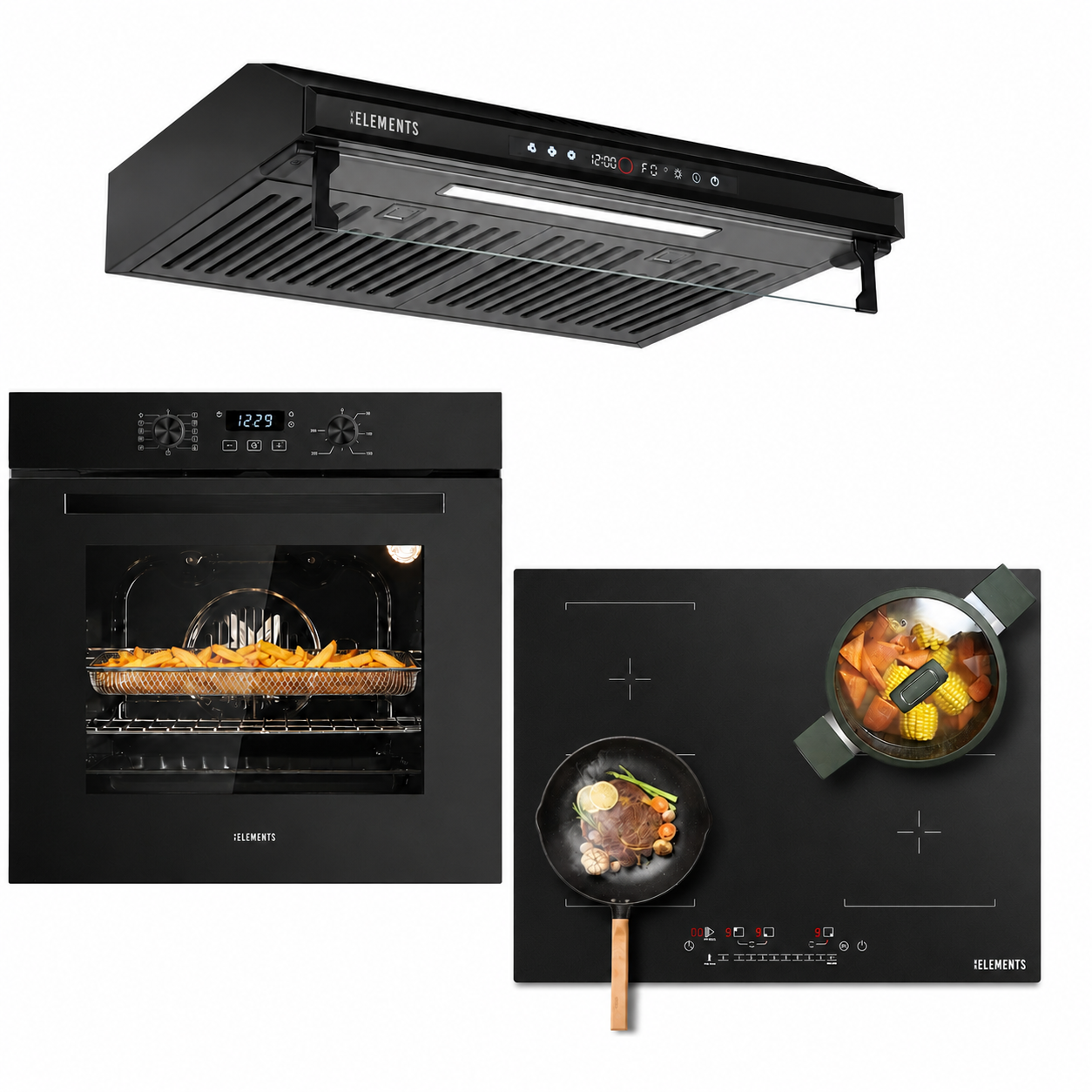 KB ELEMENTS Herdset 3-teilig ELK75EV1P ELK111AS ELK156S60B – Backofen Induktionskochfeld AntiScratch Dunstabzugshaube 60 cm Schwarz