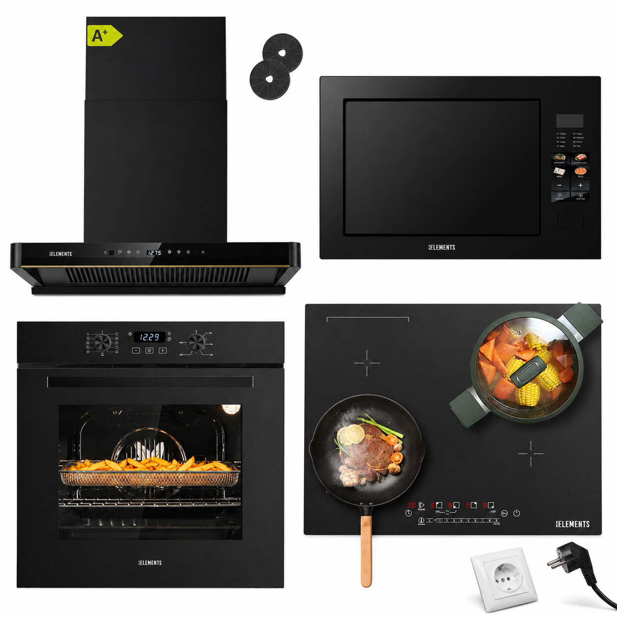 KB ELEMENTS Herdset 4-teilig ELK75EV1P ELK112AS ELK150H60 ELK25MB1 Backofen AntiScratch Schuko Kopffreihaube Mikrowelle Schwarz KB ELEMENTS