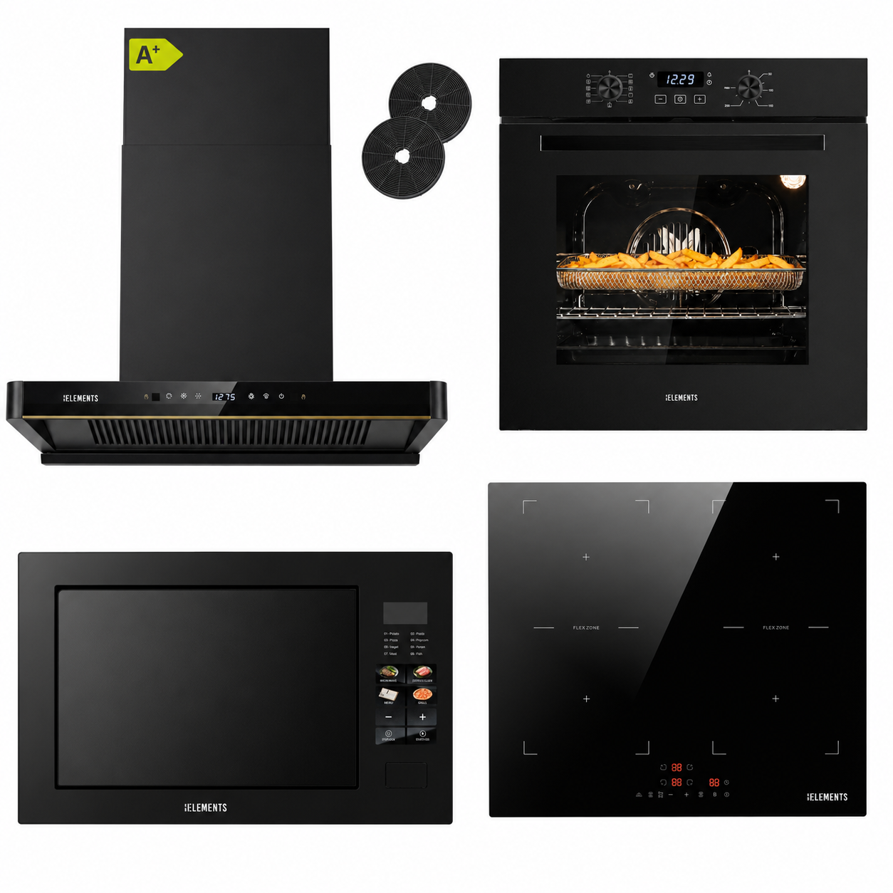 KB ELEMENTS Herdset 4-teilig ELK75EV1P ELK60FB1 ELK150H60 ELK25MB1 Backofen Induktionskochfeld Kopffreihaube Mikrowelle Schwarz KB ELEMENTS