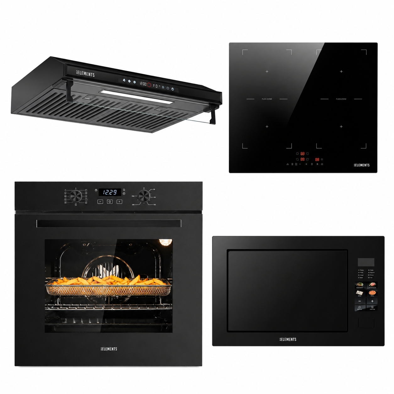KB ELEMENTS Herdset 4-teilig ELK75EV1P ELK60FB1 ELK156S60B ELK25MB1 – Backofen Induktionskochfeld Haube Mikrowelle Schwarz KB ELEMENTS