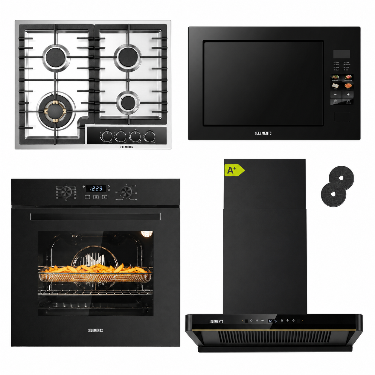 KB ELEMENTS Herdset 4-teilig ELK75EV1P ELK60GH2 ELK150H60 ELK25MB1 Backofen Gaskochfeld Kopffreihaube Mikrowelle KB ELEMENTS
