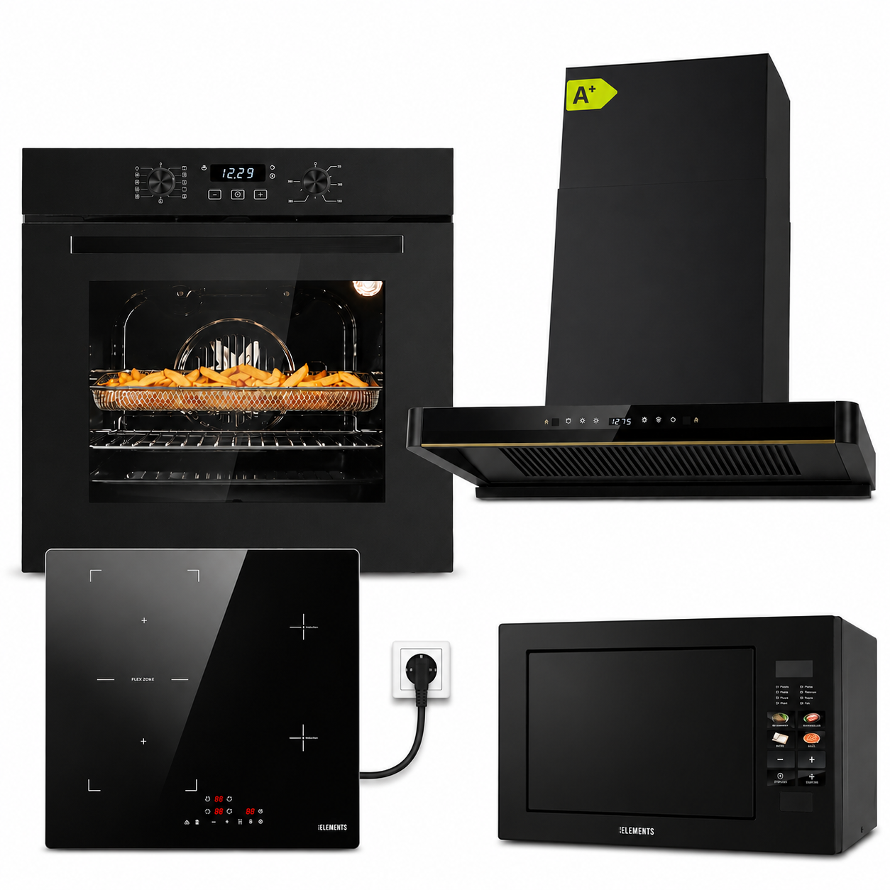 KB ELEMENTS Herdset 4-teilig ELK75EV1P ELK60PB1 ELK150H60 ELK25MB1 Backofen Induktion Schuko Kopffreihaube Mikrowelle Schwarz KB ELEMENTS