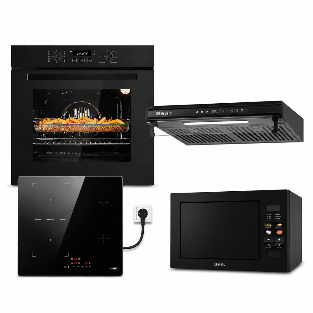 KB ELEMENTS Herdset 4-teilig ELK75EV1P ELK60PB1 ELK156S60B ELK25MB1 Backofen Induktion Schuko Haube Mikrowelle Schwarz KB ELEMENTS