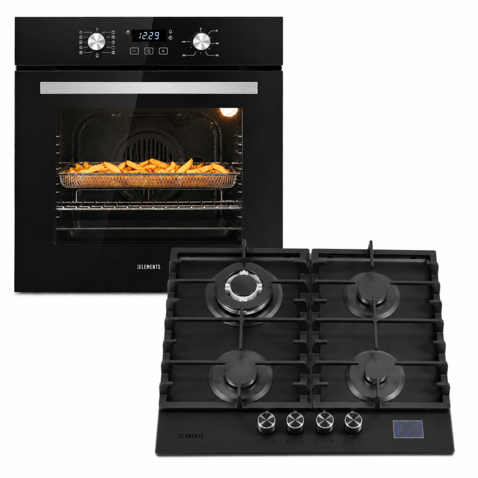 KB ELEMENTS Herdset 2-teilig ELK75EV2P ELK60GH1 – Einbaubackofen 60 cm Gaskochfeld 4 Brenner Schwarz Silber