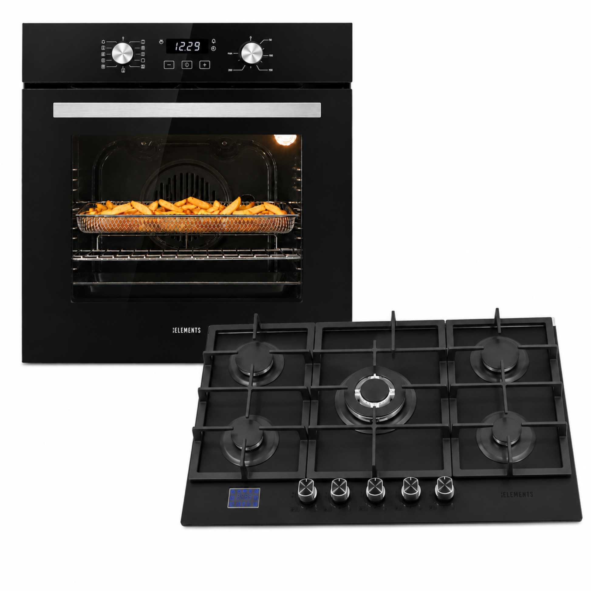 KB ELEMENTS Herdset 2-teilig ELK75EV2P ELK76GH1 – Einbaubackofen 60 cm Gaskochfeld 76 cm 5 Brenner Schwarz Silber