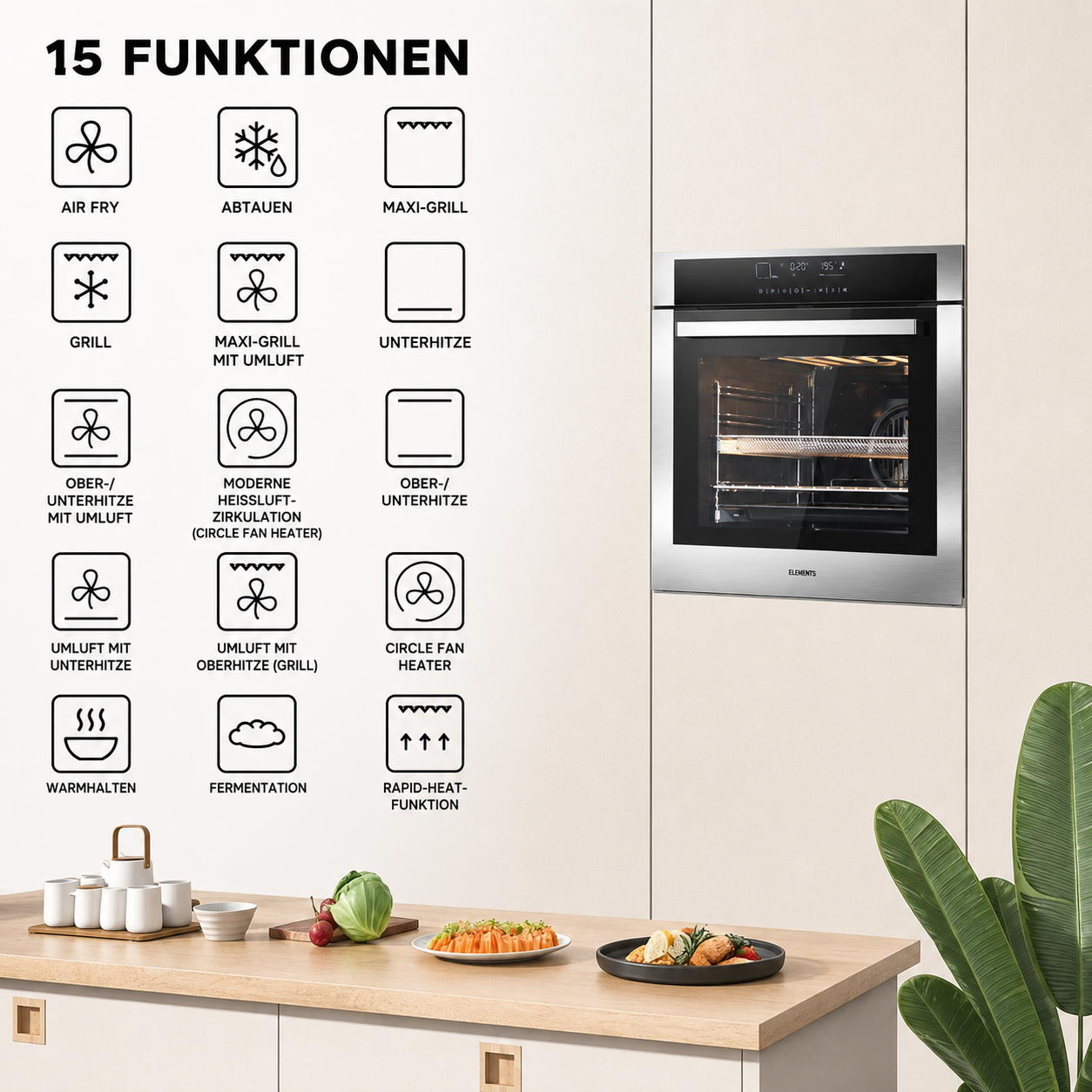 15 Backfunktionen Einbaubackofen ELK75DV3 Silber/Edelstahl – Übersicht Umluft Grill Air Fry KB ELEMENTS