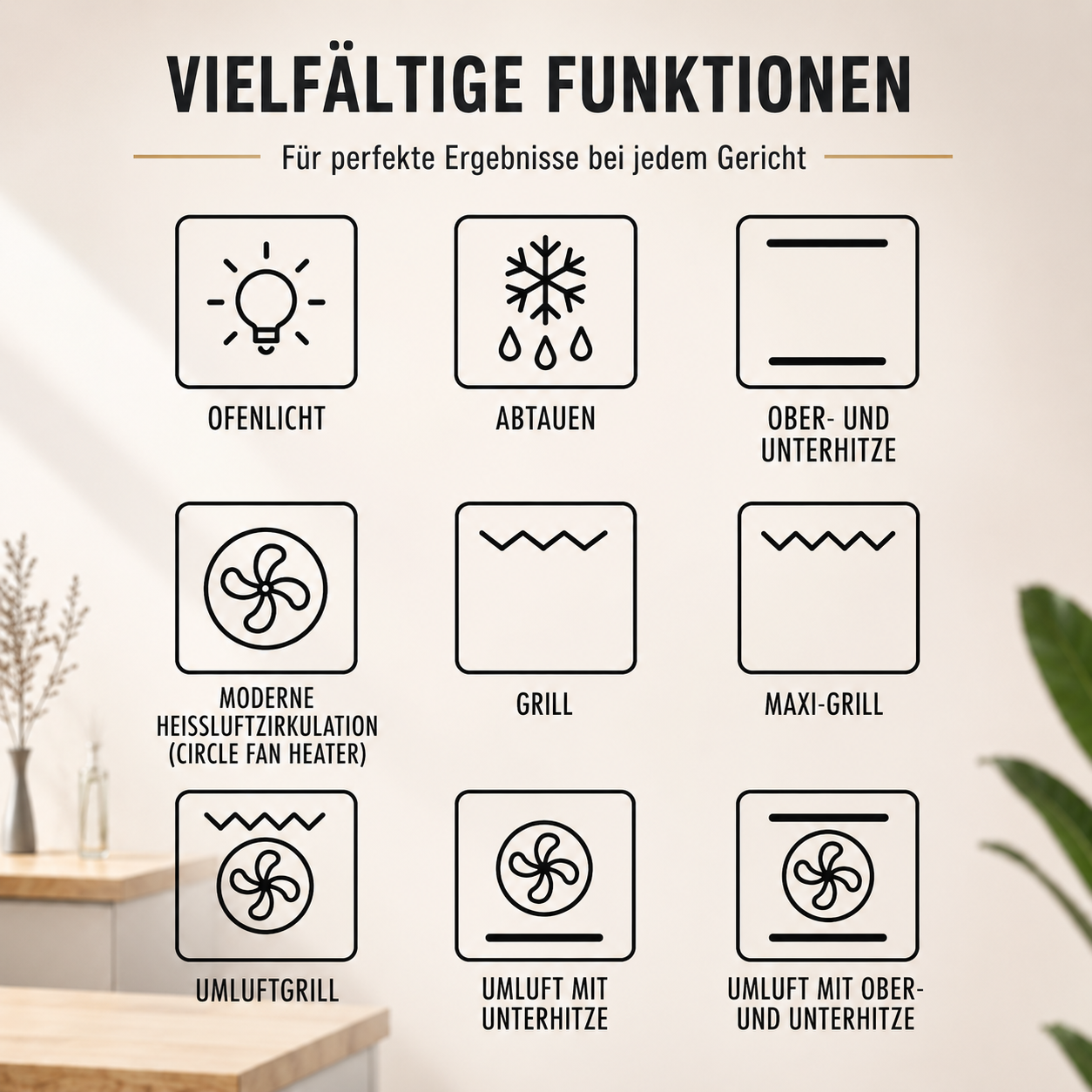 9 Backfunktionen Einbaubackofen ELK45EV1 45 cm KB ELEMENTS