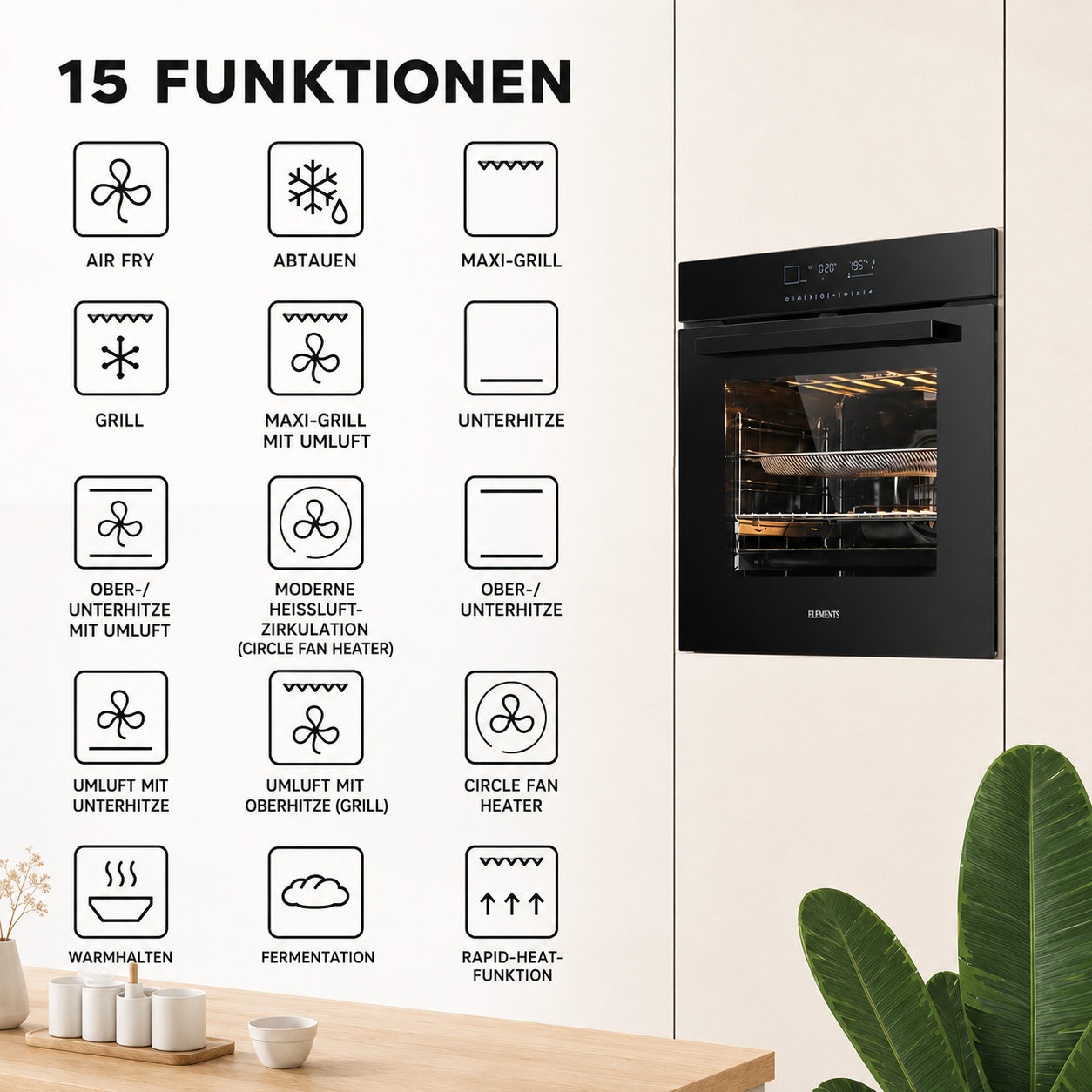 15 Backfunktionen Einbaubackofen ELK75DV1 – Übersicht Umluft Grill Air Fry KB ELEMENTS