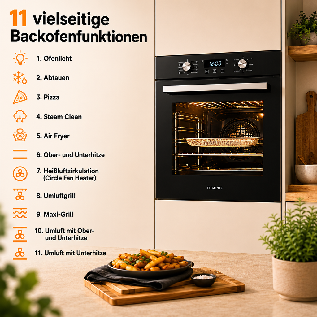 KB ELEMENTS Herdset 2-teilig – Einbaubackofen 60 cm + Glaskeramikkochfeld 77 cm | Air Fry, A+, Schwarz