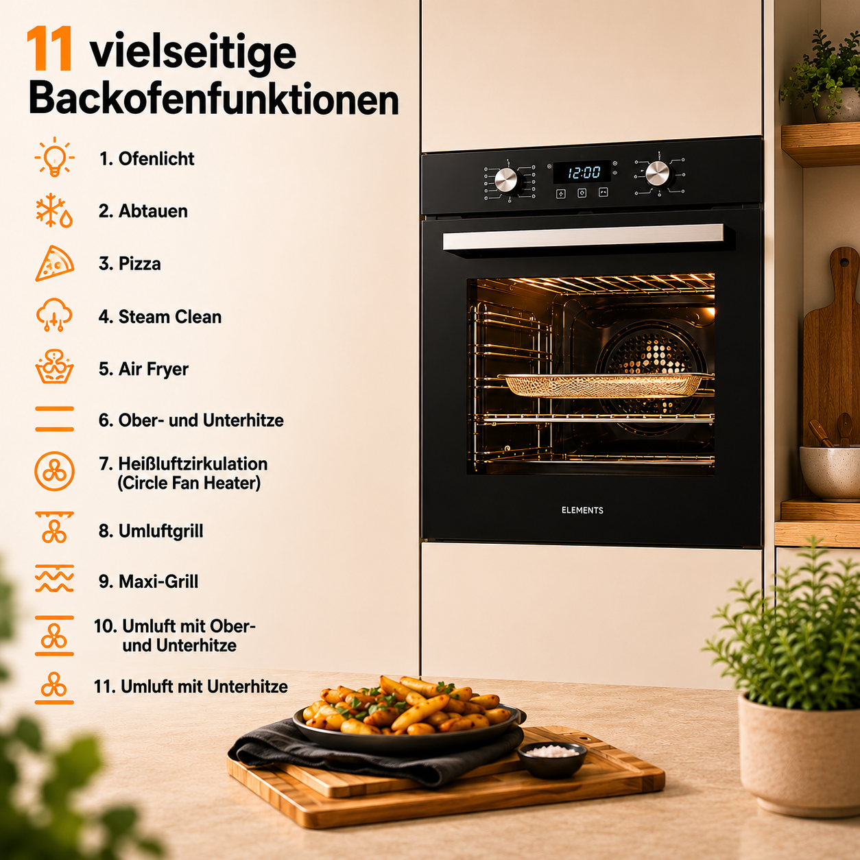KB ELEMENTS Herdset 2-teilig – Einbaubackofen 60 cm + Glaskeramikkochfeld 77 cm | Air Fry, A+, Schwarz