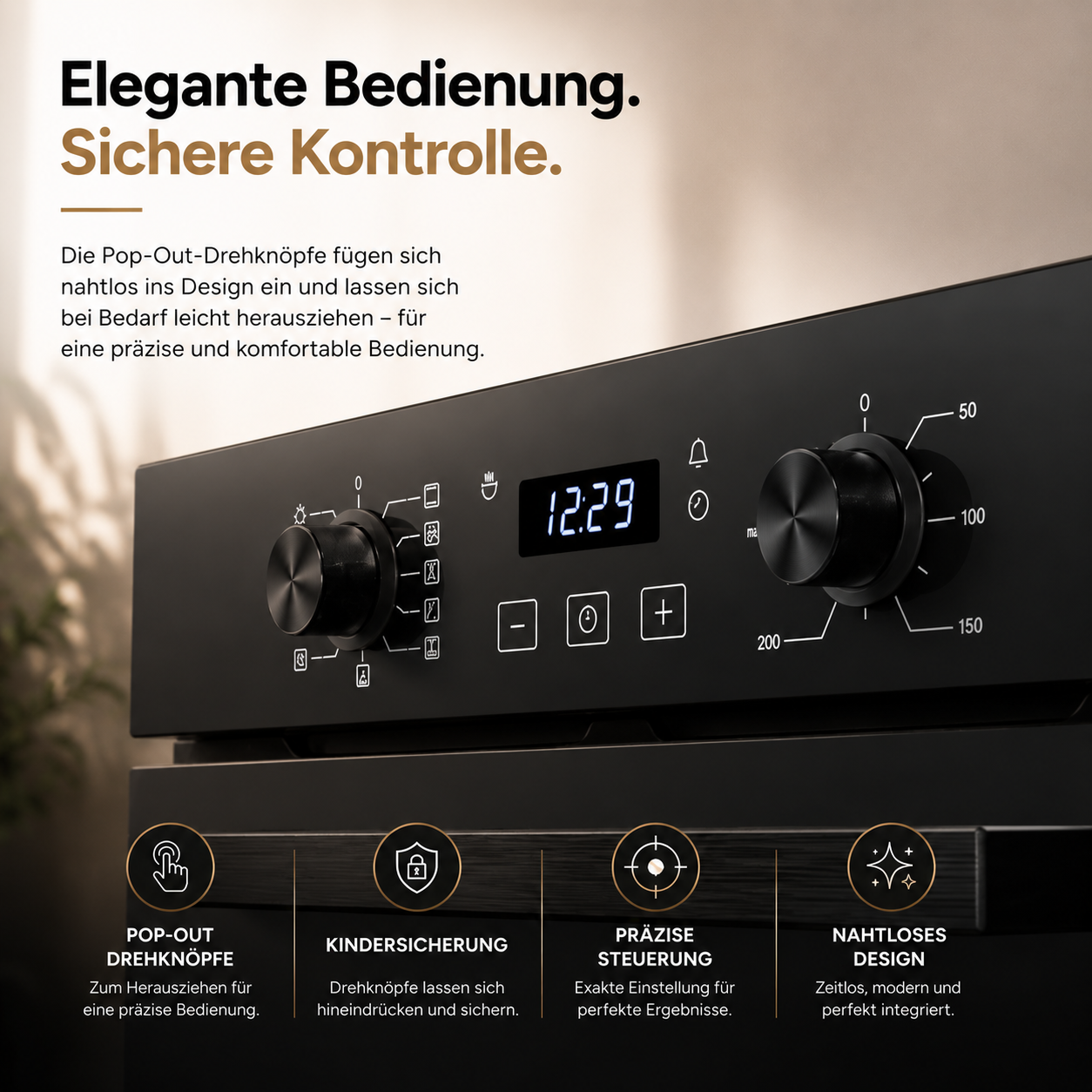 KB ELEMENTS Herdset 2-teilig – Einbaubackofen 60 cm A+ & Glaskeramikkochfeld 77 cm | 5 Zonen, Dual-Zone, Schwarz